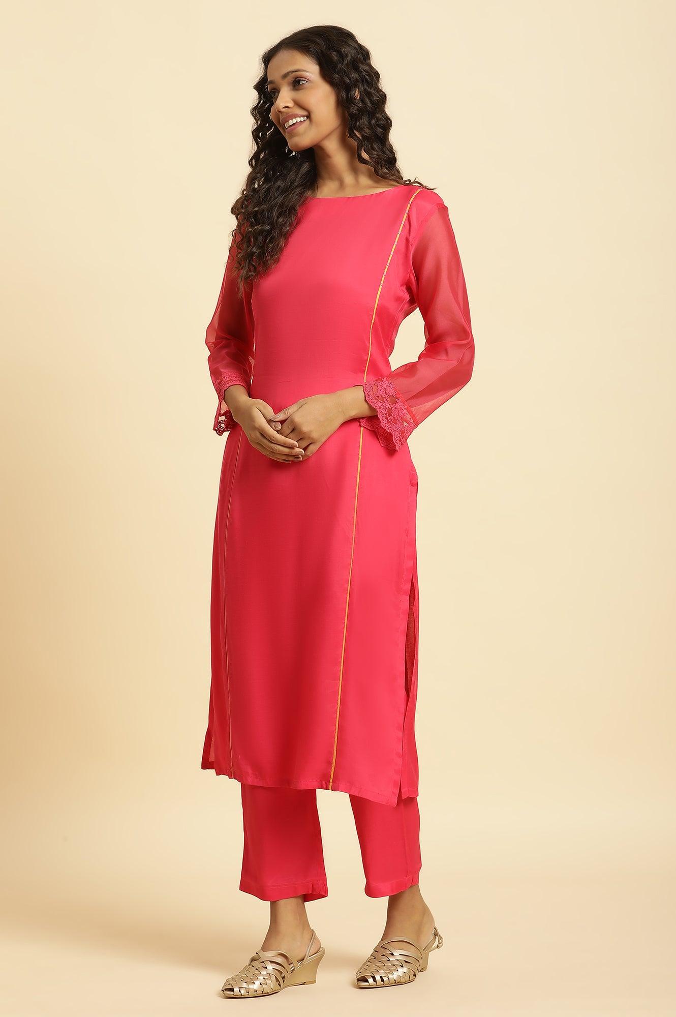 Pink Lace Work Kurta, Pants And Dupatta Set - wforwoman