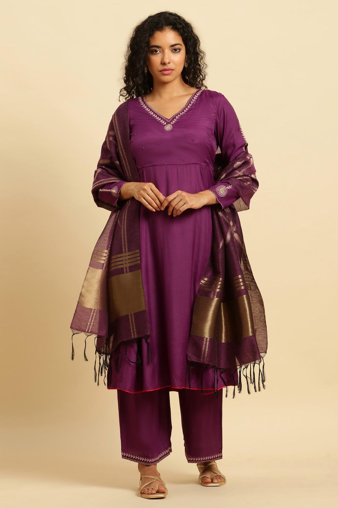 Purple Anarkali Festive Kurta, Parallel Pants And Dupatta Set - wforwoman