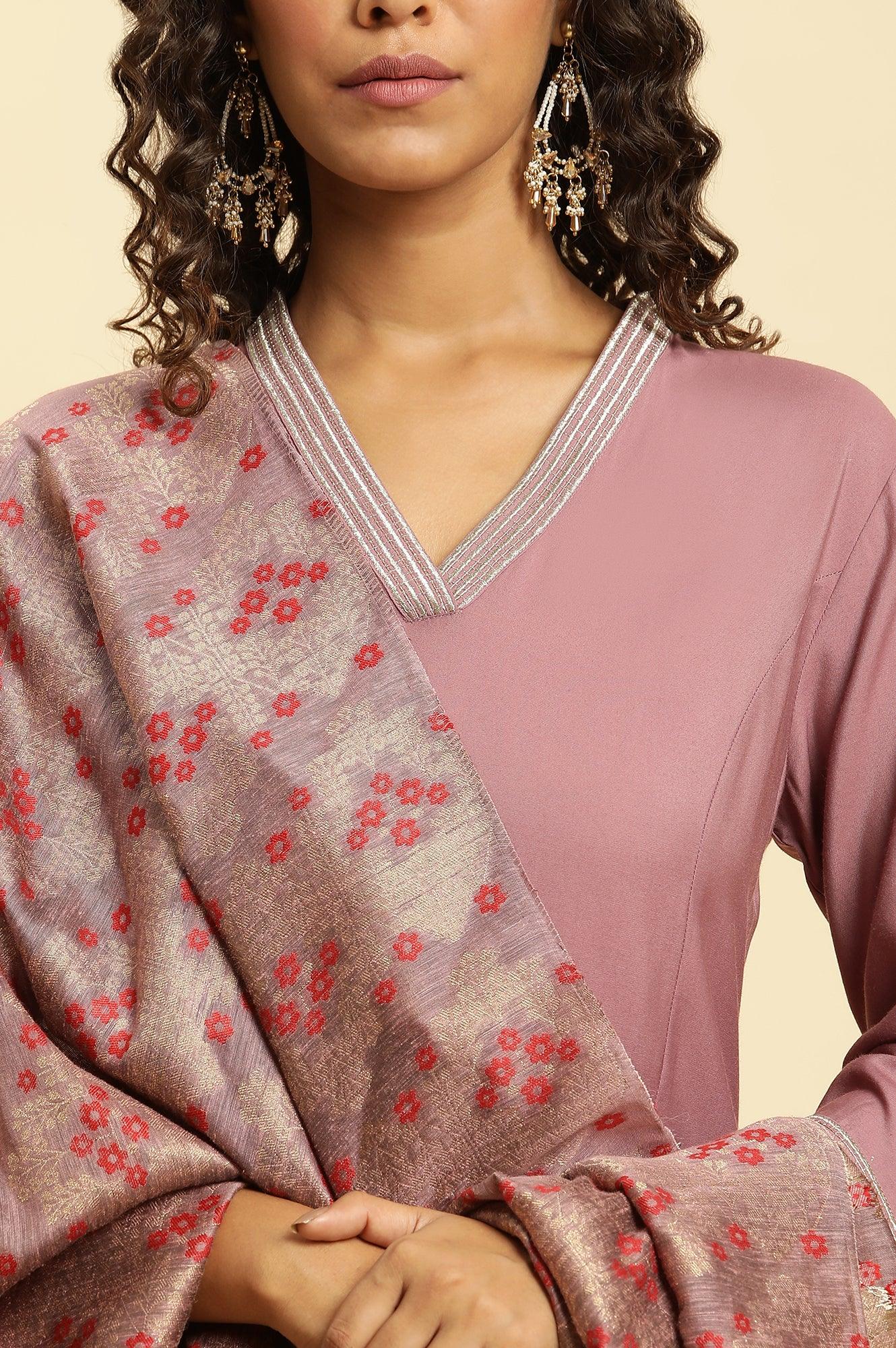 Orchid Pink Embellished Kurta, Pants And Jacquard Dupatta Set - wforwoman