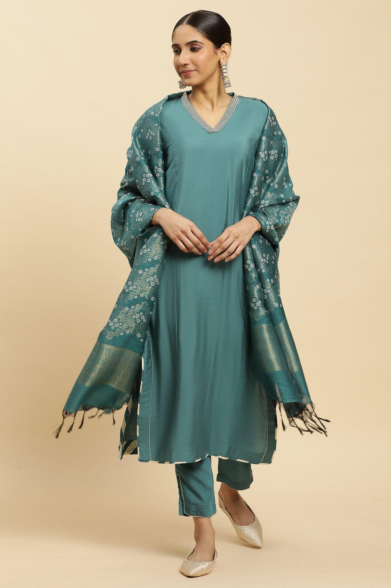 Blue Embellished Kurta, Pants And Jacquard Dupatta Set - wforwoman
