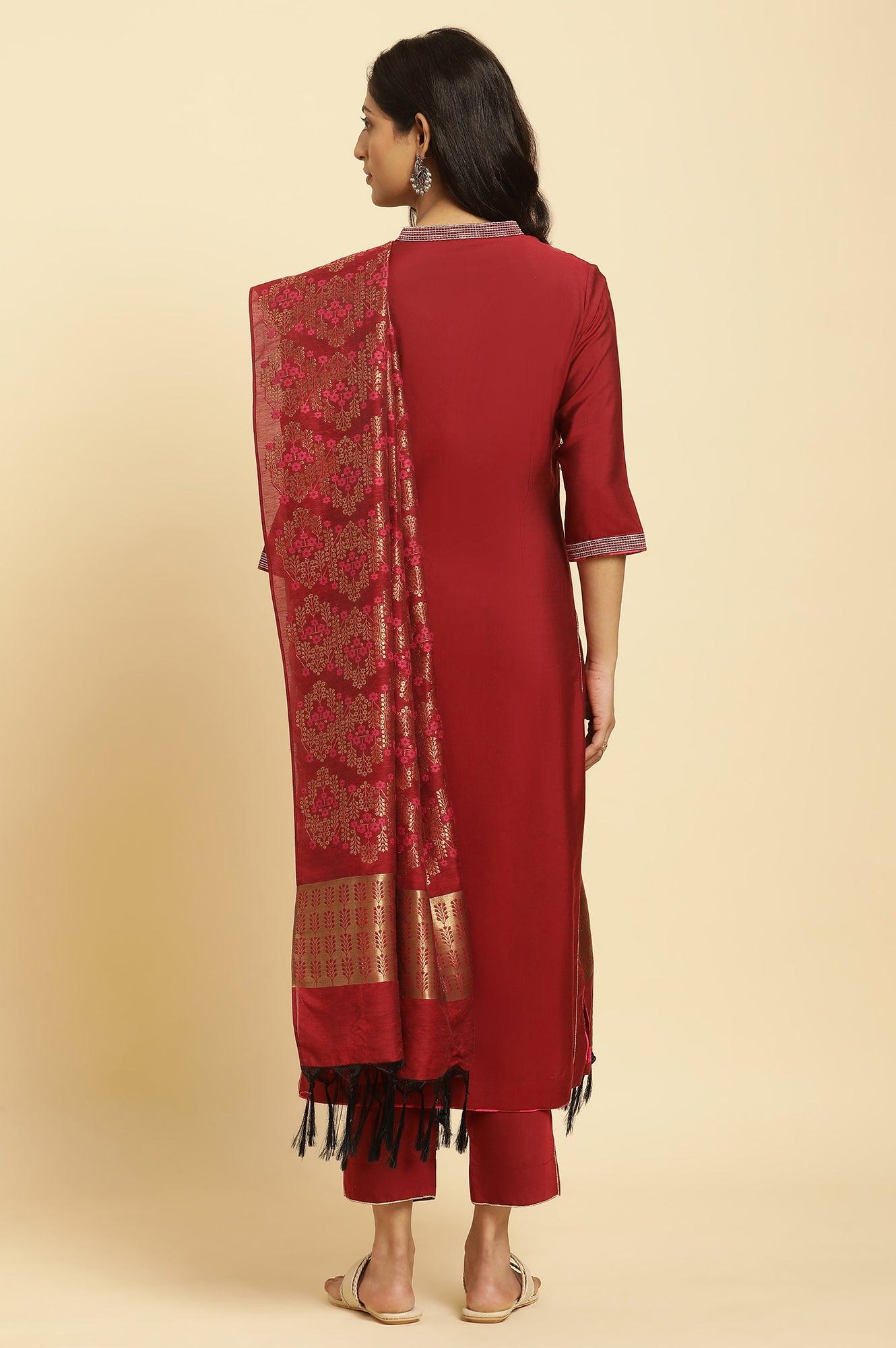 Maroon Solid Kurta, Pants And Jacquard Dupatta - wforwoman