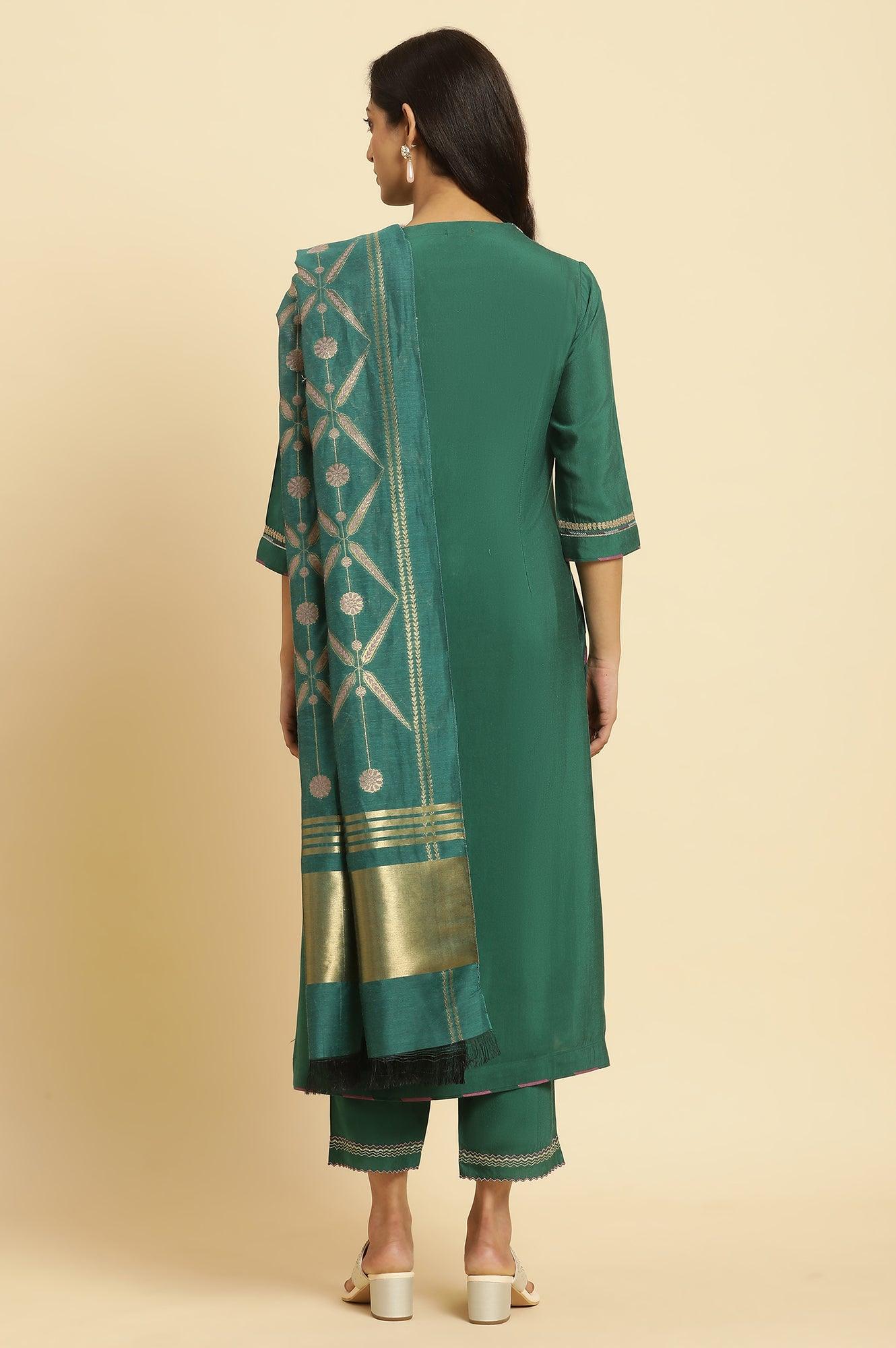 Green Solid Kurta, Pants And Jacquard Dupatta - wforwoman