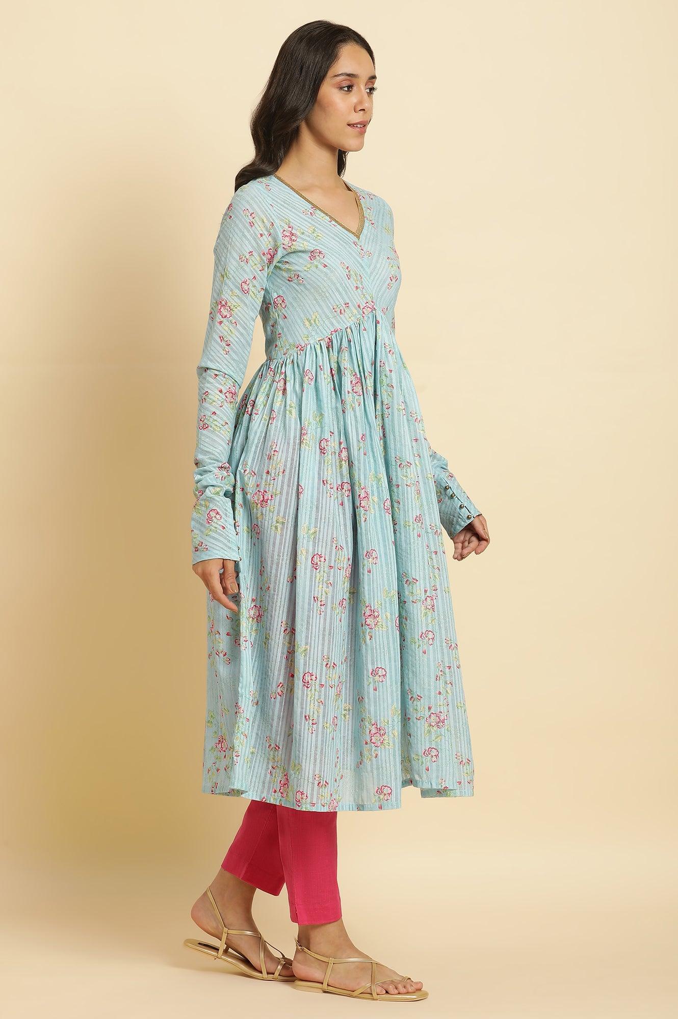 Blue Printed Anarkali Kurta, Pants & Dupatta Set - wforwoman