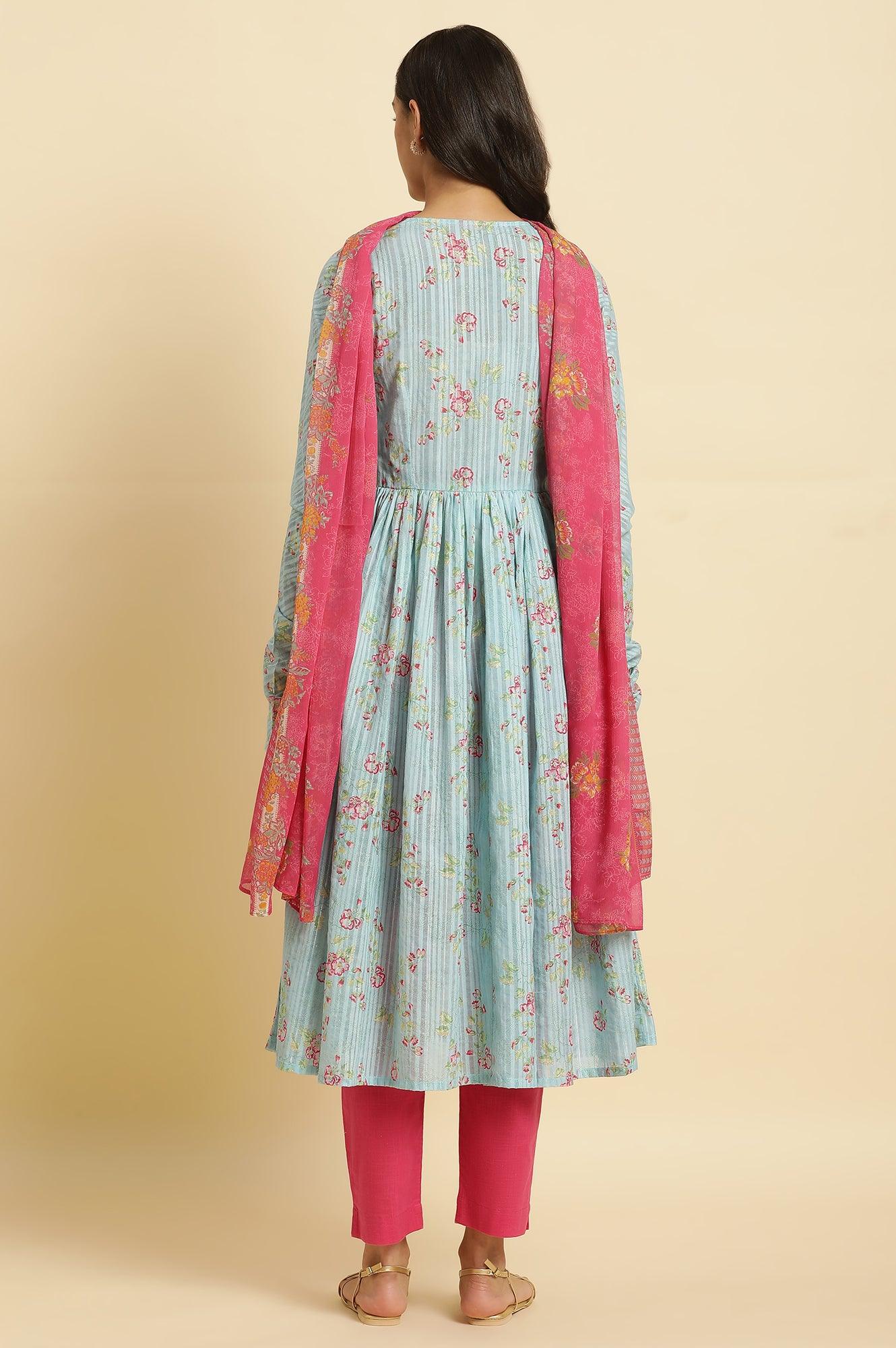 Blue Printed Anarkali Kurta, Pants & Dupatta Set - wforwoman