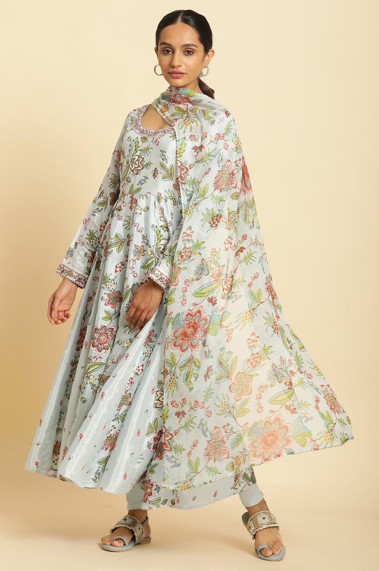 Sky Blue Floral Printed A-Line Kurta, Tights And Dupatta Set - wforwoman