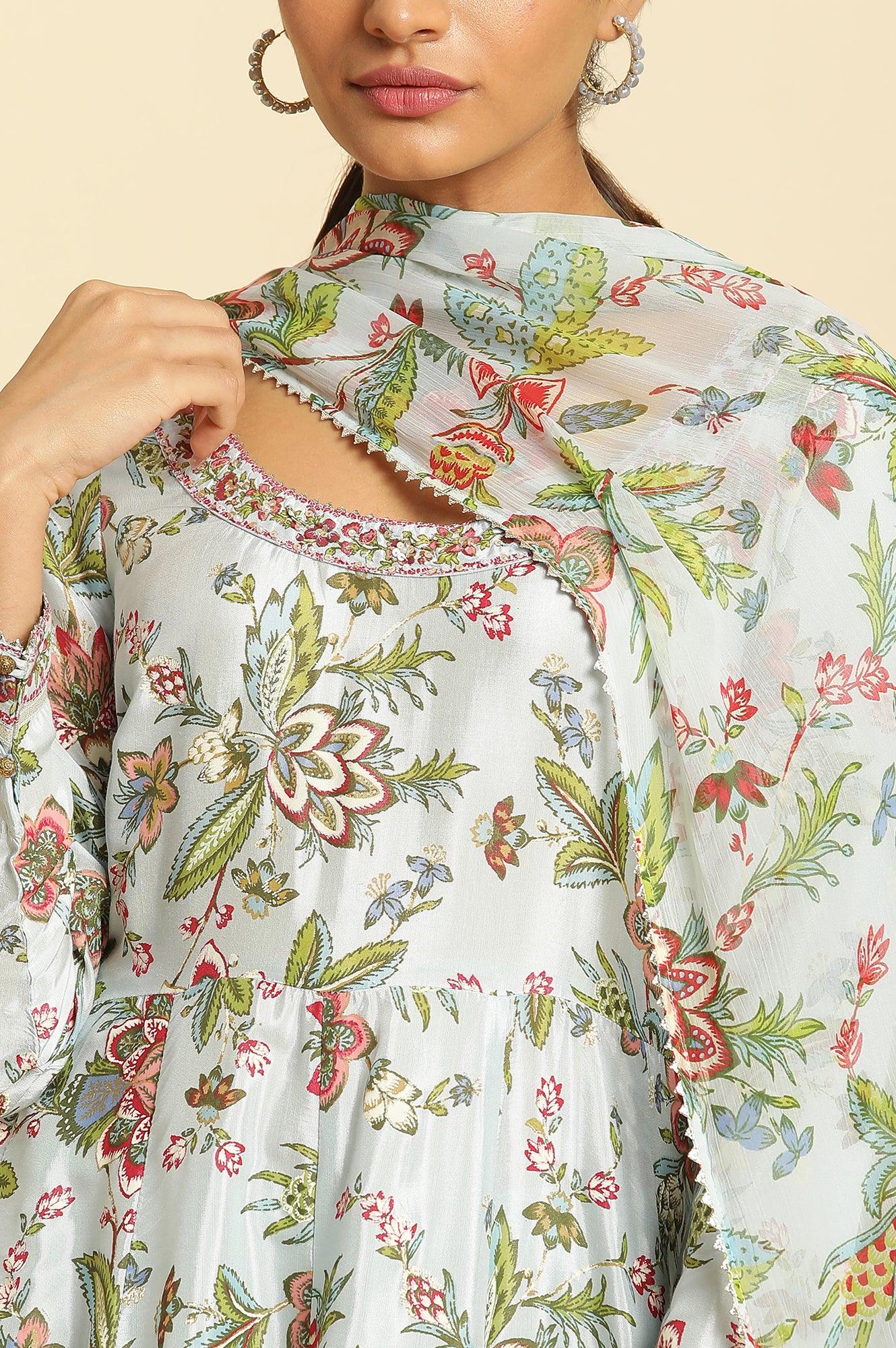Sky Blue Floral Printed A-Line Kurta, Tights And Dupatta Set - wforwoman