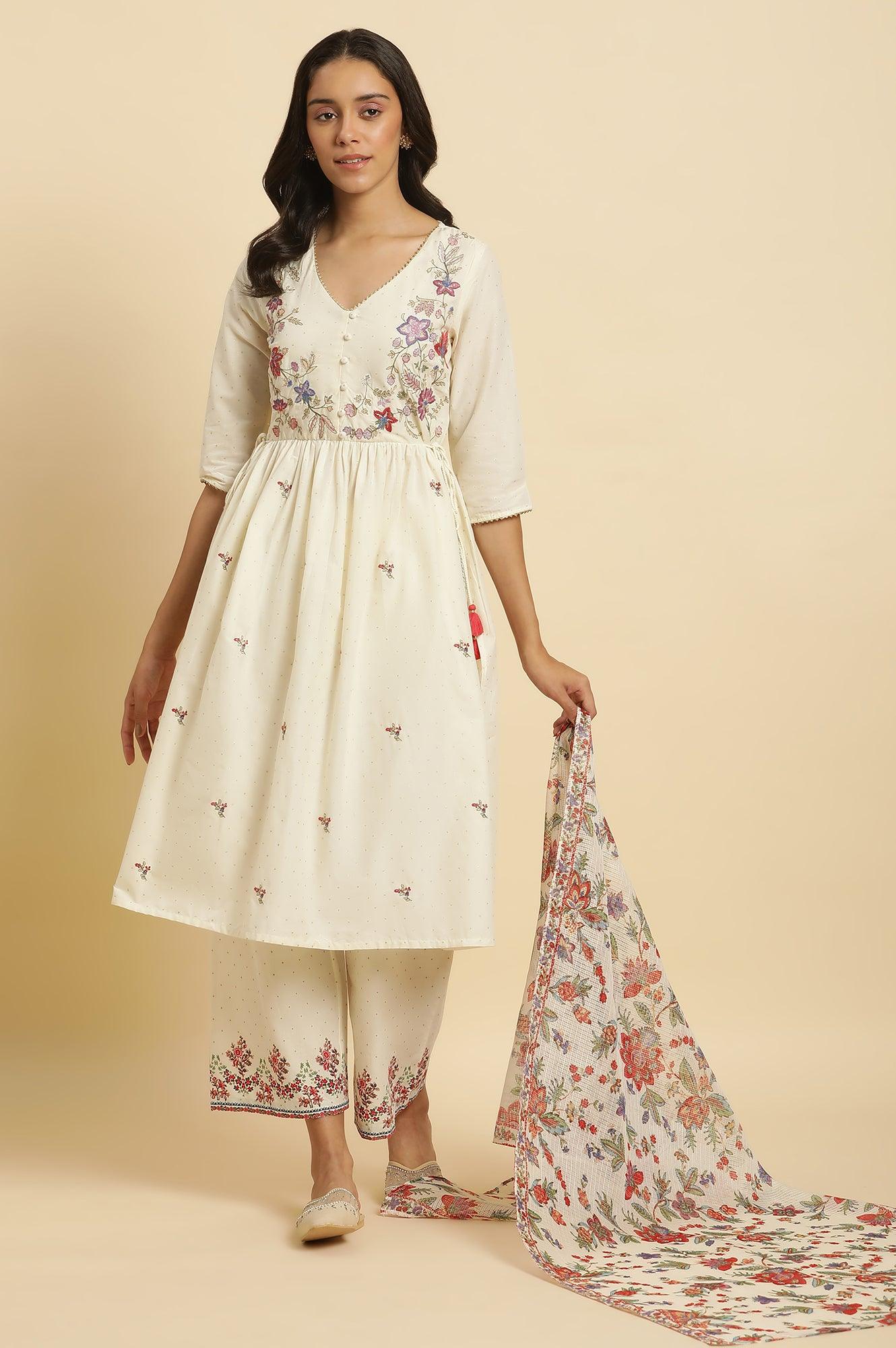 Ecru Printed Kurta & Straight Pants Set - wforwoman