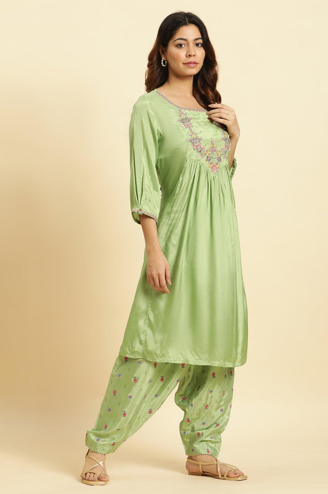 Green Embroidered Kurta, Salwar And Pink Chiffon Dupatta Set - wforwoman