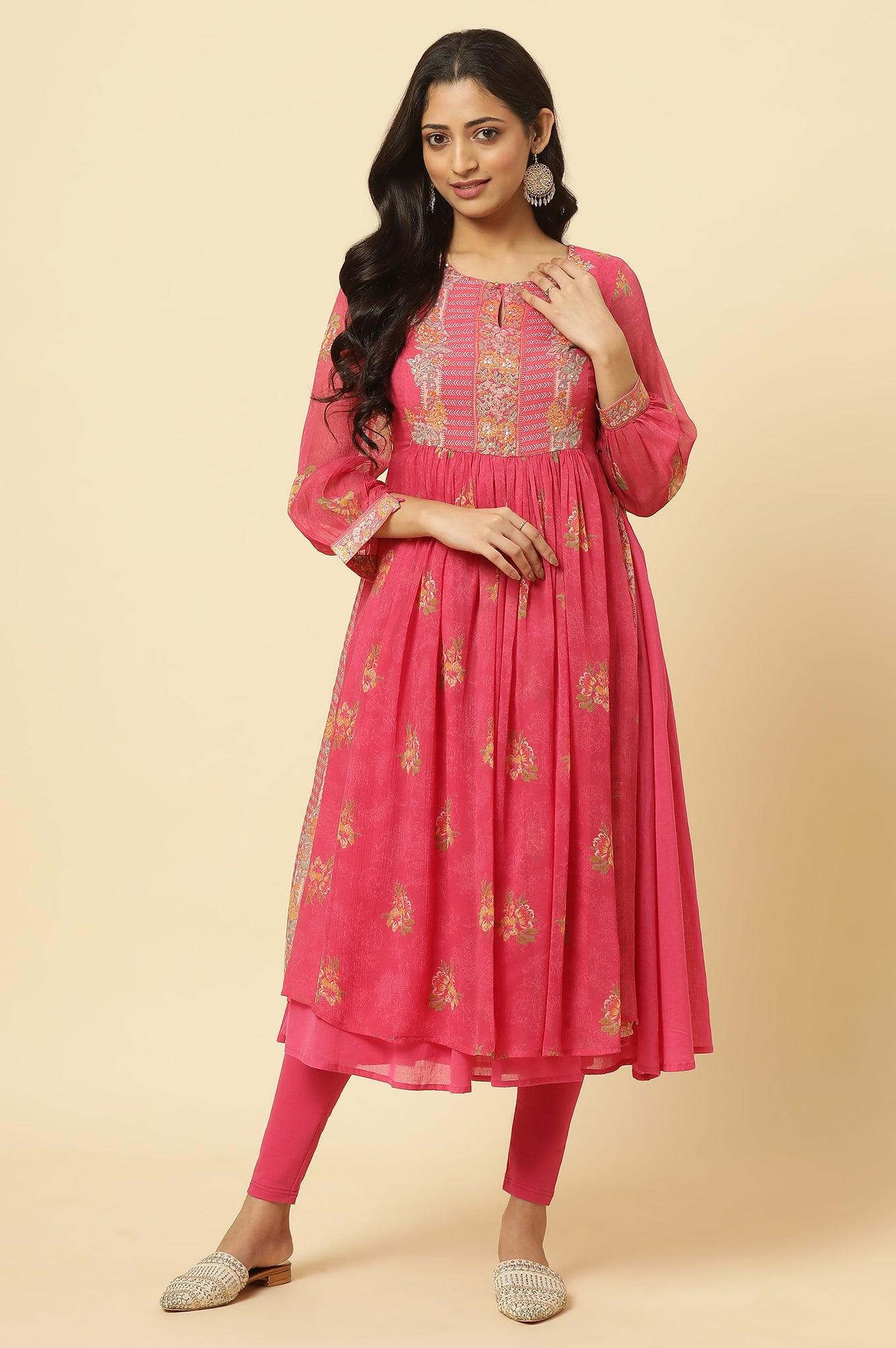 Pink Floral Printed Layered Kurta And Tights And Dupatta Set - wforwoman
