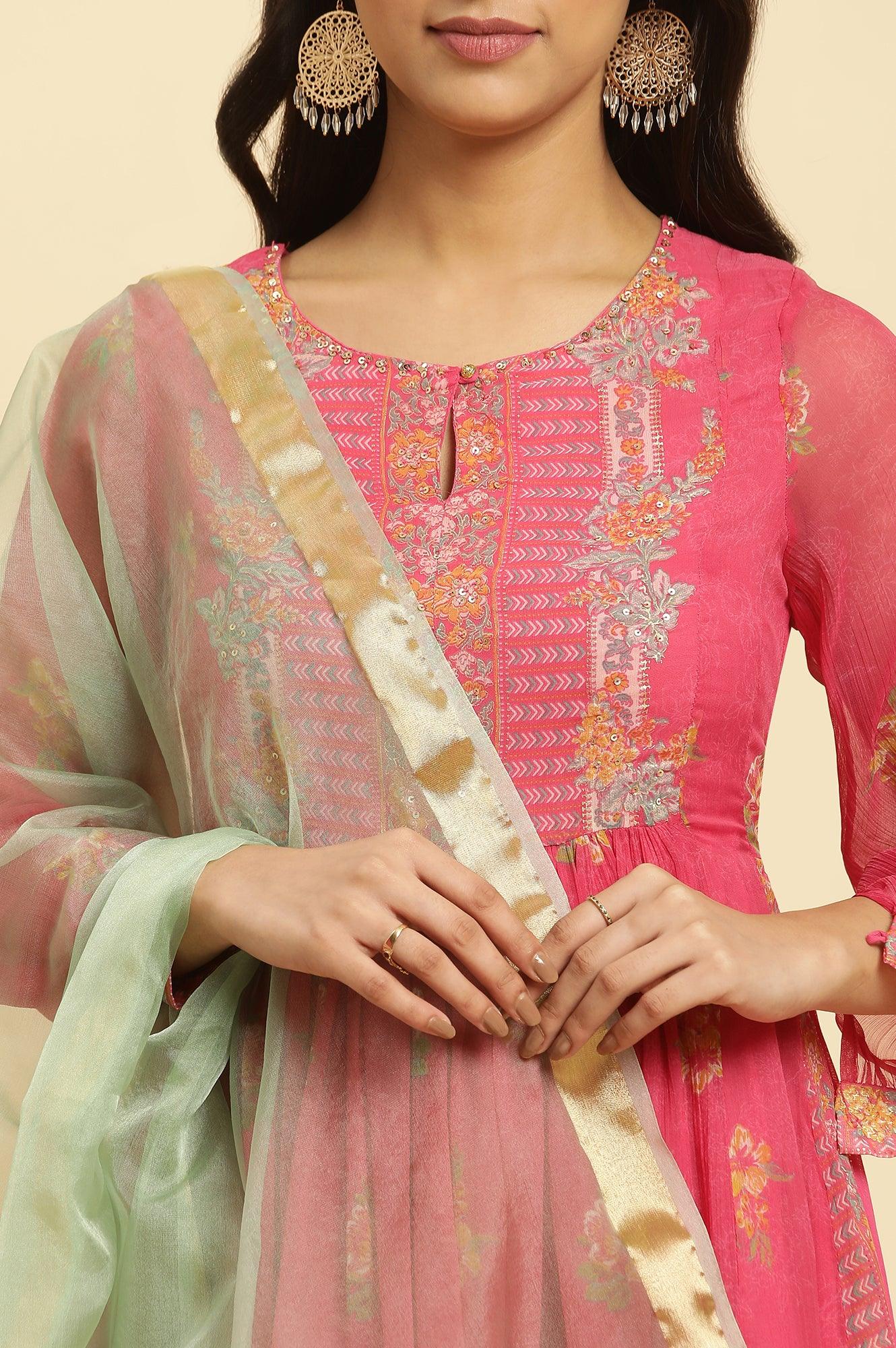 Pink Floral Printed Layered Kurta And Tights And Dupatta Set - wforwoman