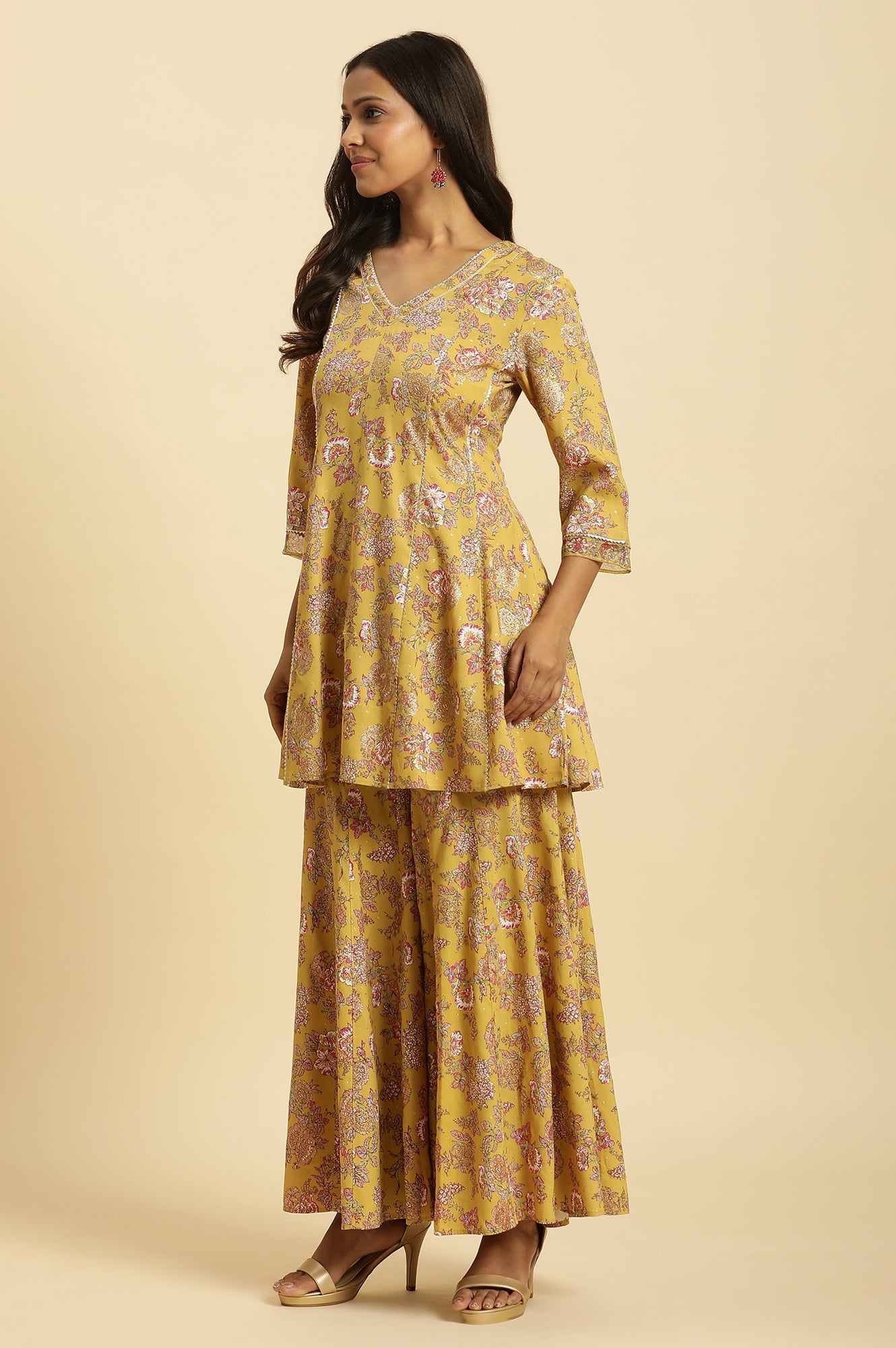 Yellow Floral Printed Short Flared Kurta, Sharara And Dupatta Set