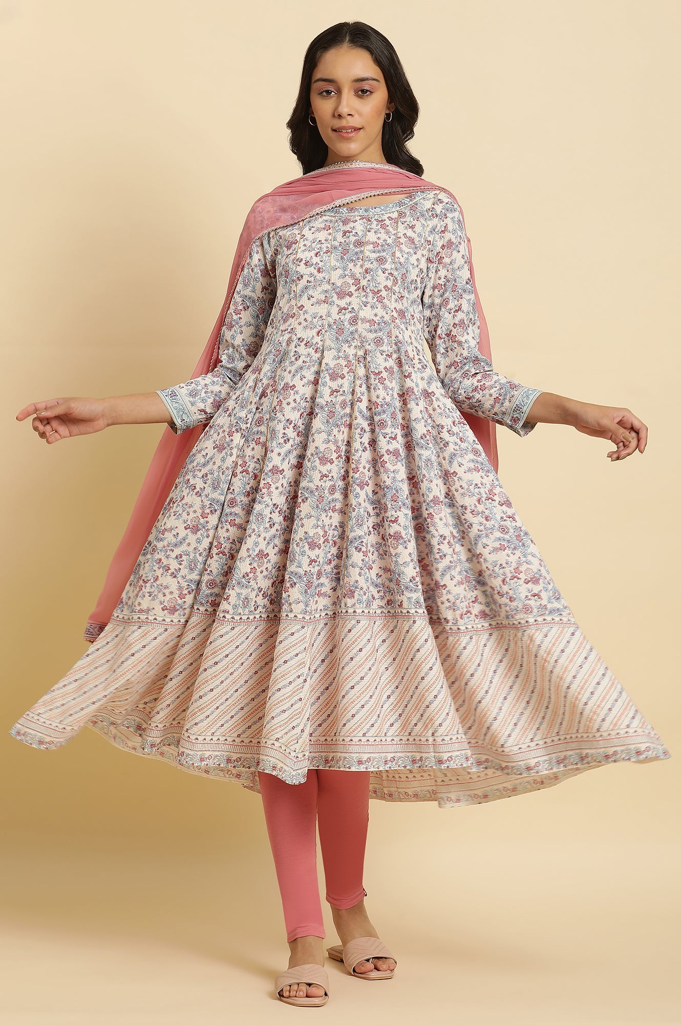 Cream Floral Printed Flared Kurta, Tights & Dupatta Set