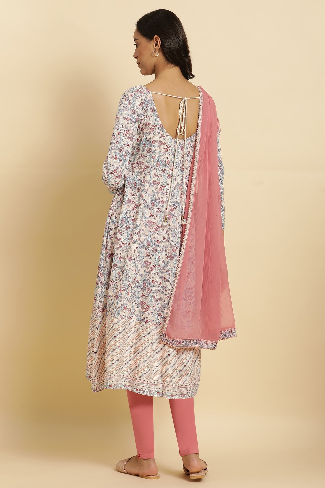 Cream Floral Printed Flared Kurta, Tights & Dupatta Set