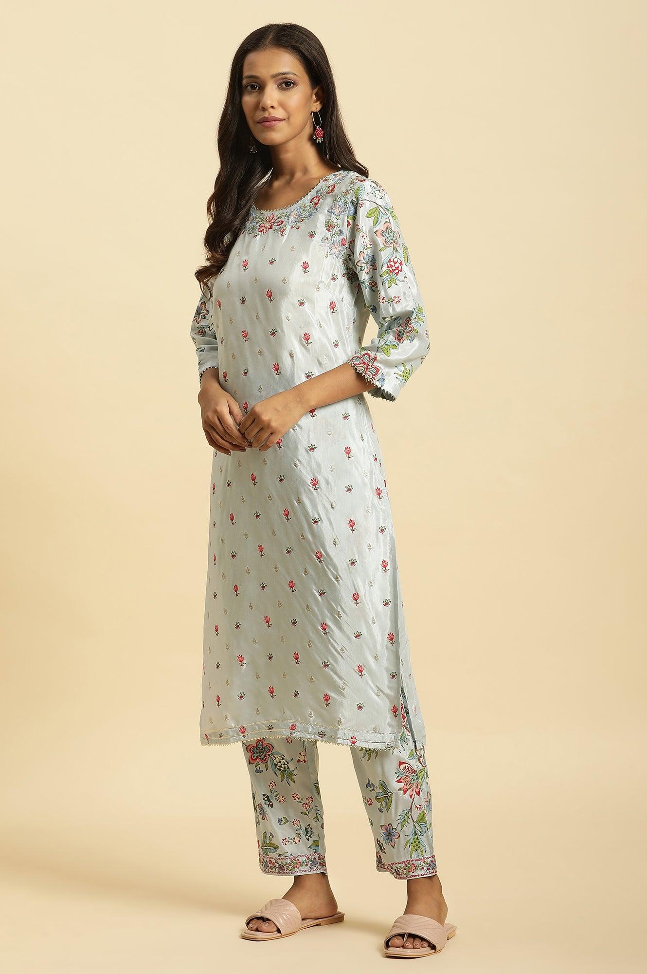 Sky Blue Floral Printed Kurta, Pants And Dupatta Set - wforwoman