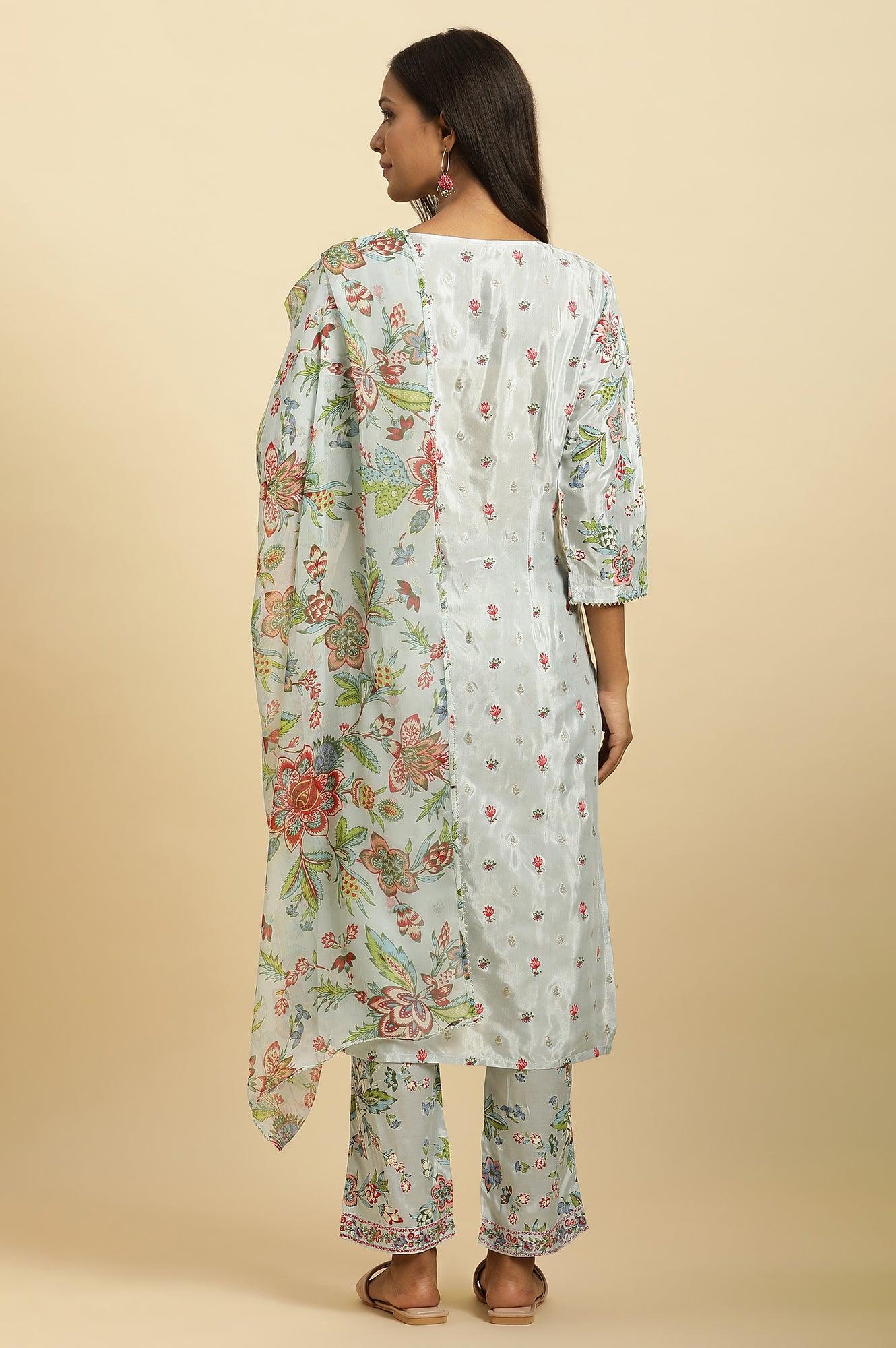 Sky Blue Floral Printed Kurta, Pants And Dupatta Set - wforwoman