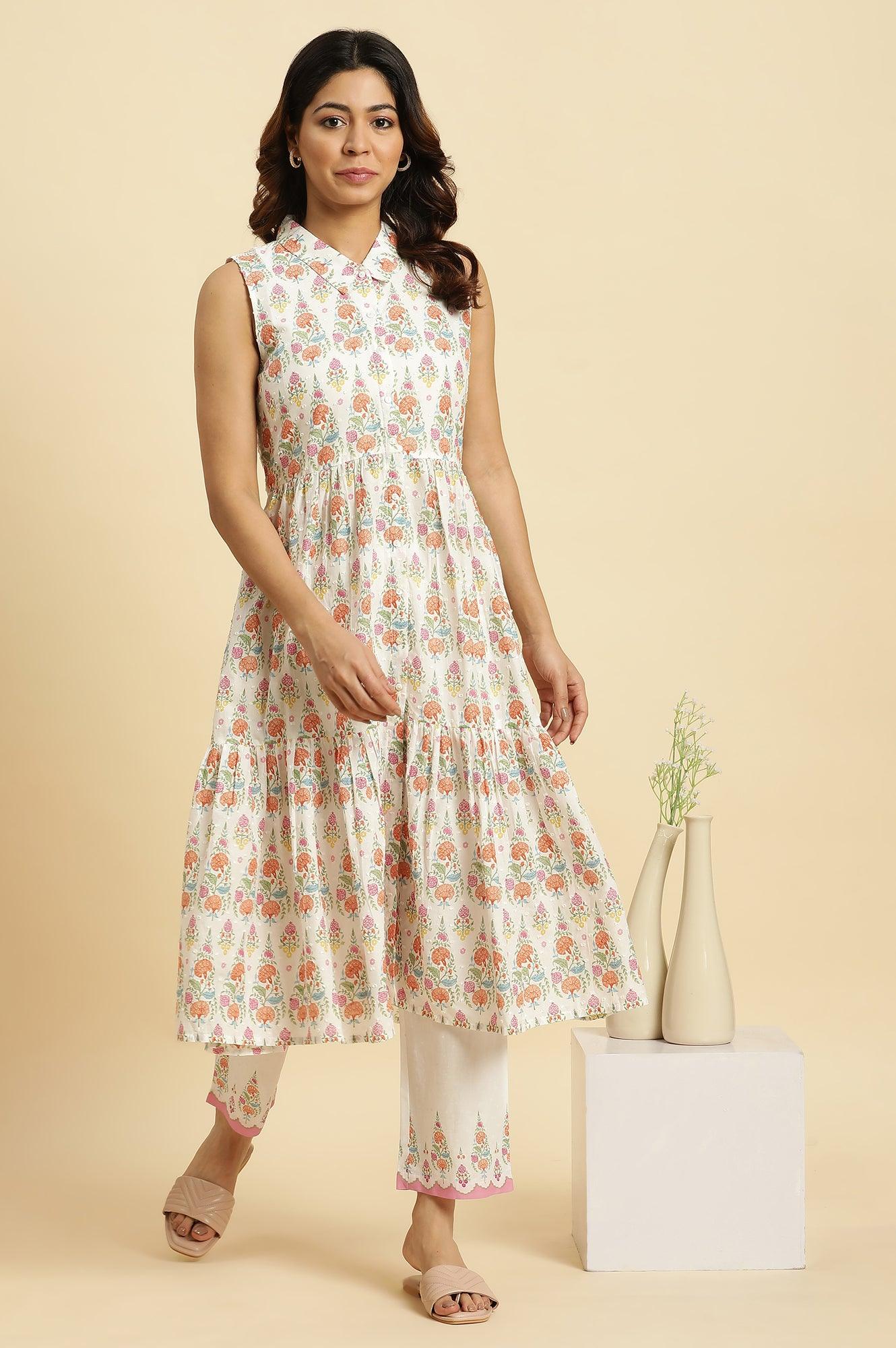 White Cotton Gathered Kurta In Multi-Coloured Print & Pants Set - wforwoman