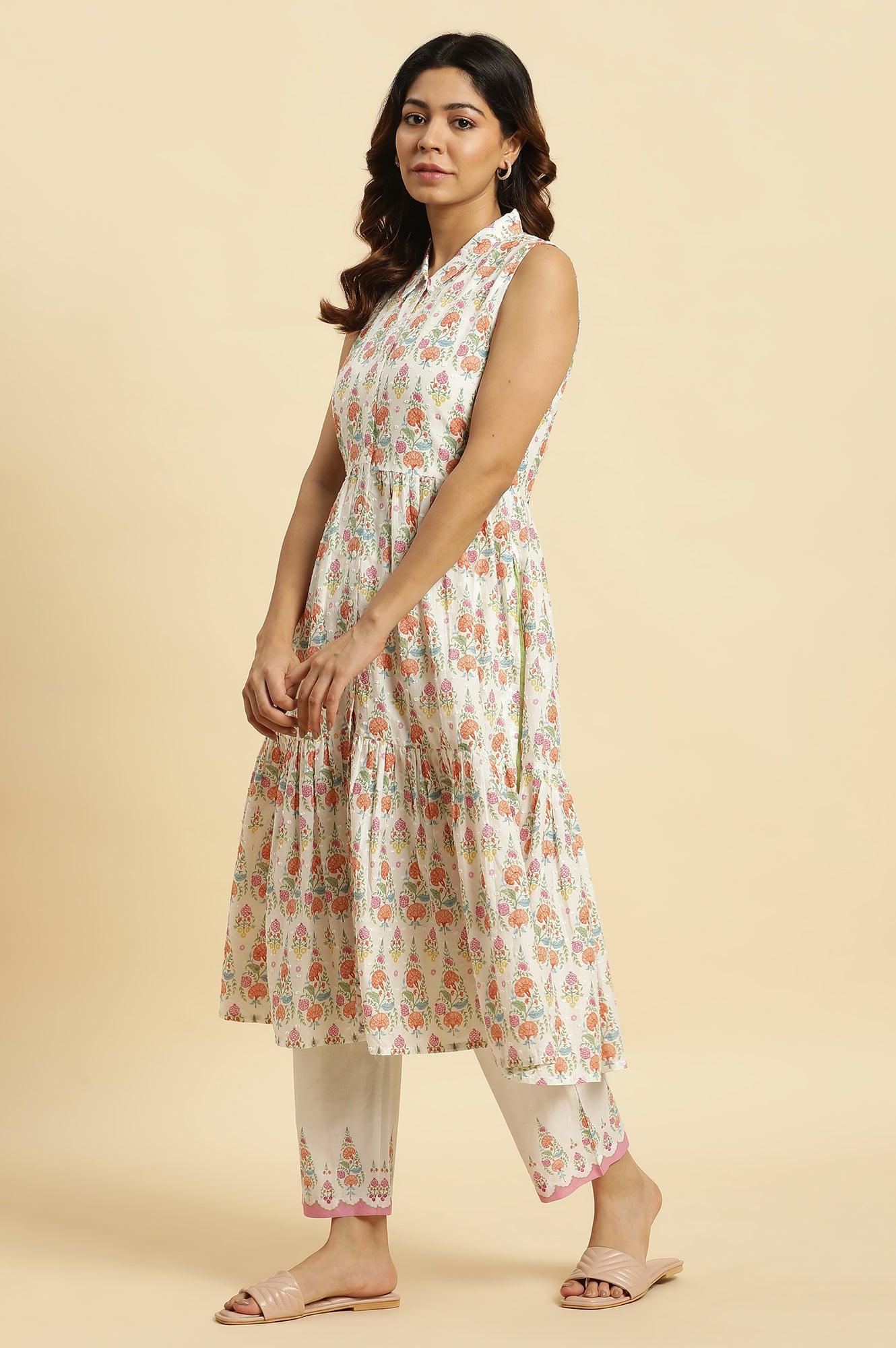 White Cotton Gathered Kurta In Multi-Coloured Print & Pants Set - wforwoman