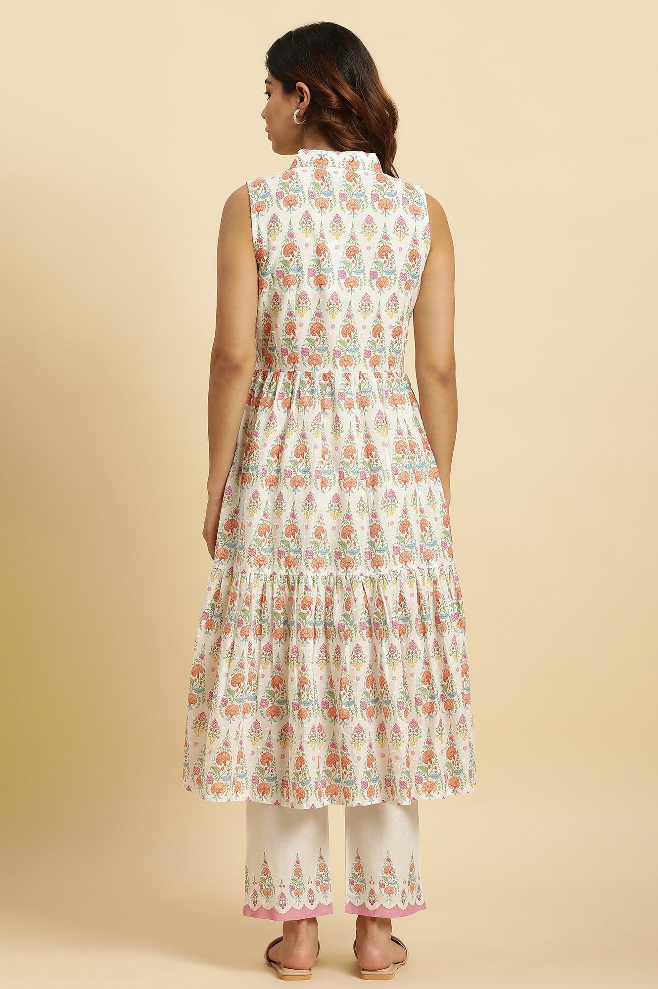 White Cotton Gathered Kurta In Multi-Coloured Print & Pants Set - wforwoman