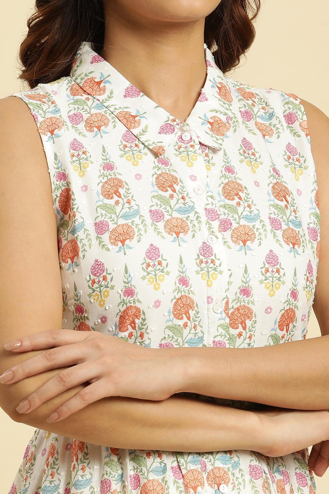 White Cotton Gathered Kurta In Multi-Coloured Print & Pants Set - wforwoman