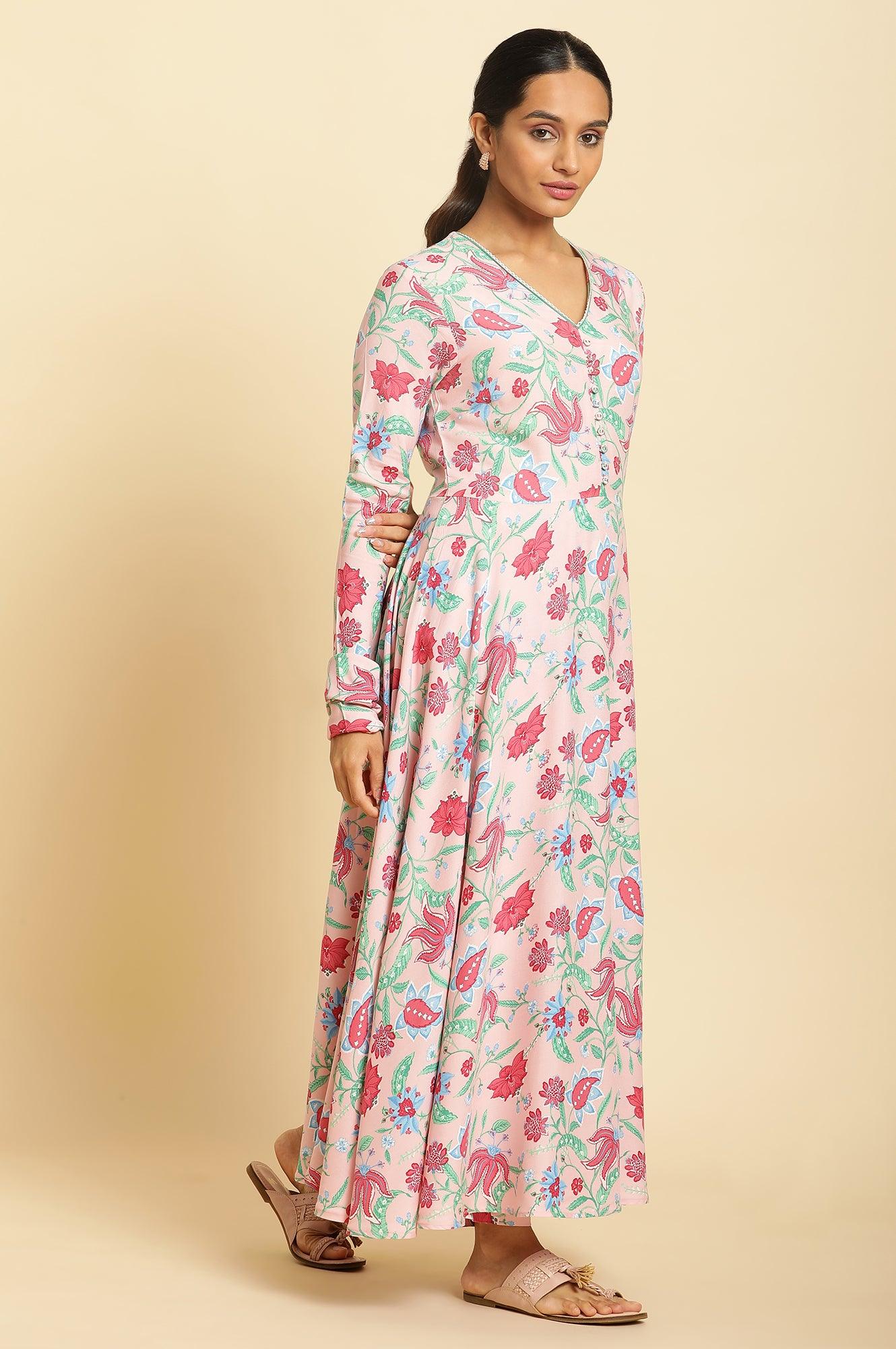 Flamingo Pink Floral Printed Anarkali Kurta, Pants And Dupatta Set - wforwoman