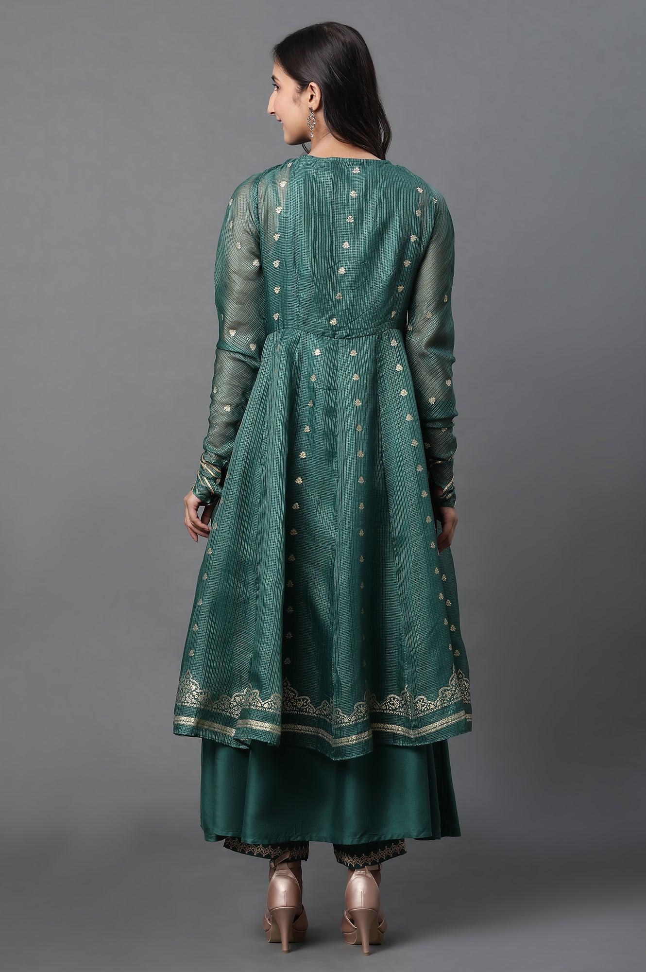 Green Layered Anakali Kurta And Slim Pant Set - wforwoman