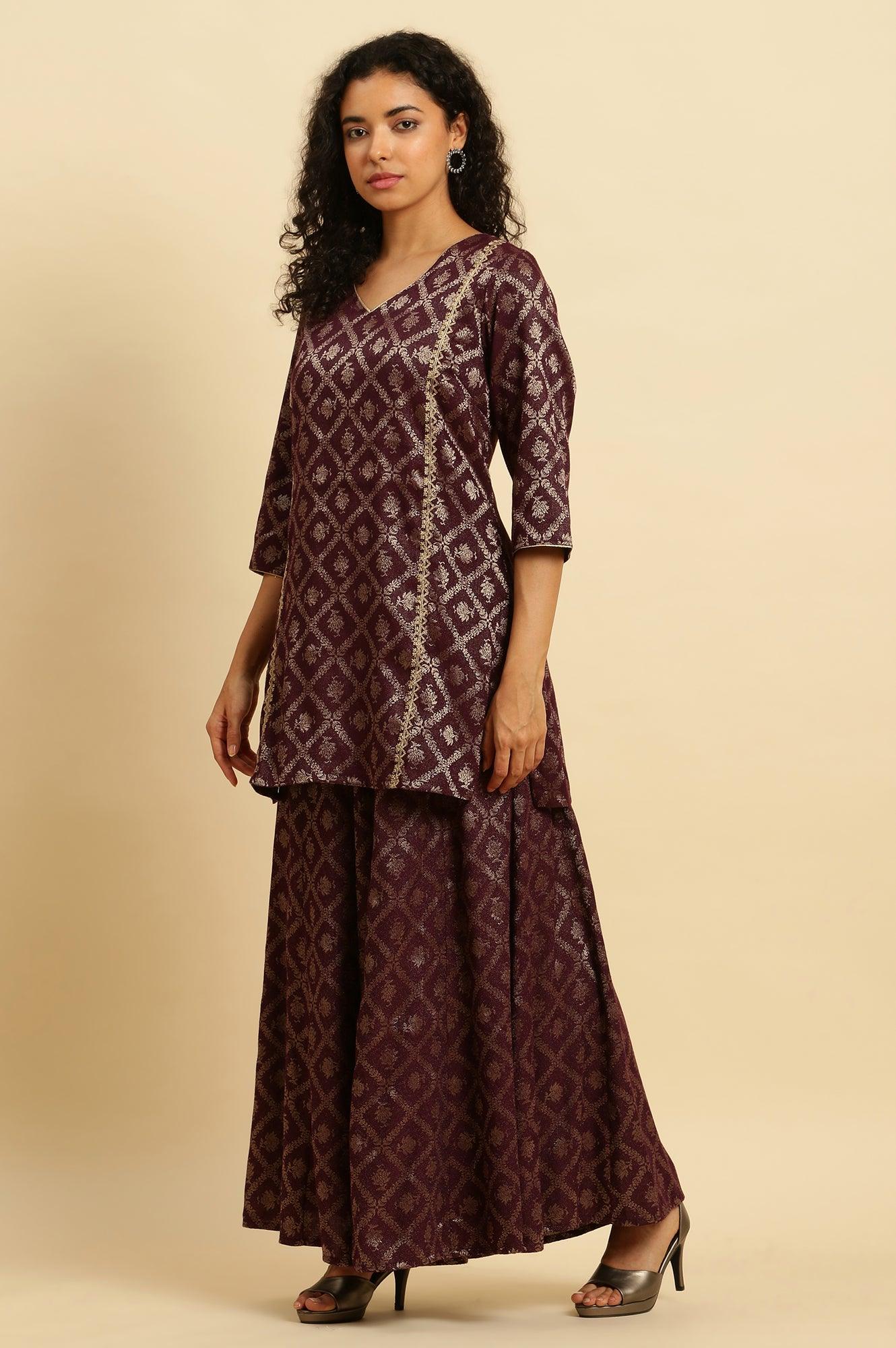 Purple Zari Embellished Short Kurta, Flared Pants And Dupatta Set - wforwoman