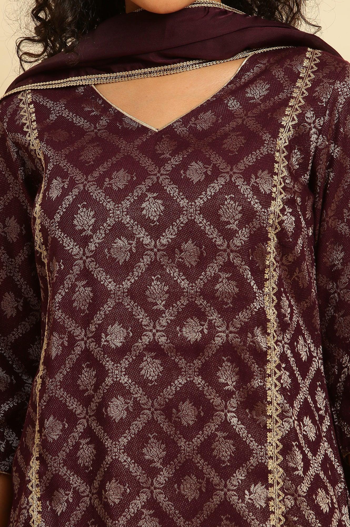 Purple Zari Embellished Short Kurta, Flared Pants And Dupatta Set - wforwoman