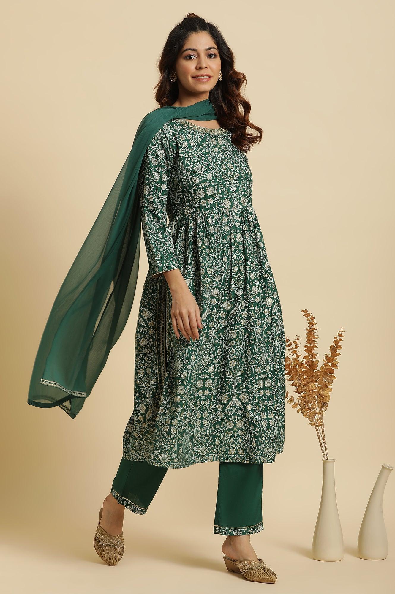 Dark Green Floral Printed Kurta, Pants & Dupatta Set - wforwoman