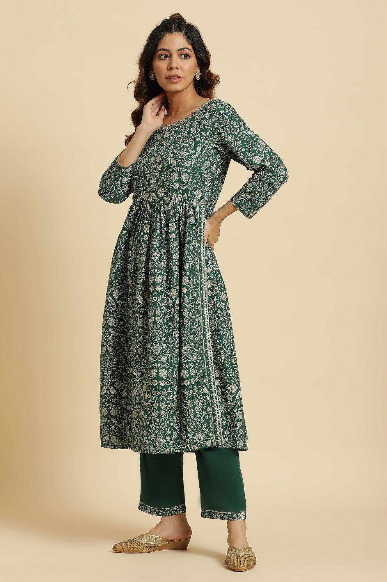 Dark Green Floral Printed Kurta, Pants & Dupatta Set - wforwoman