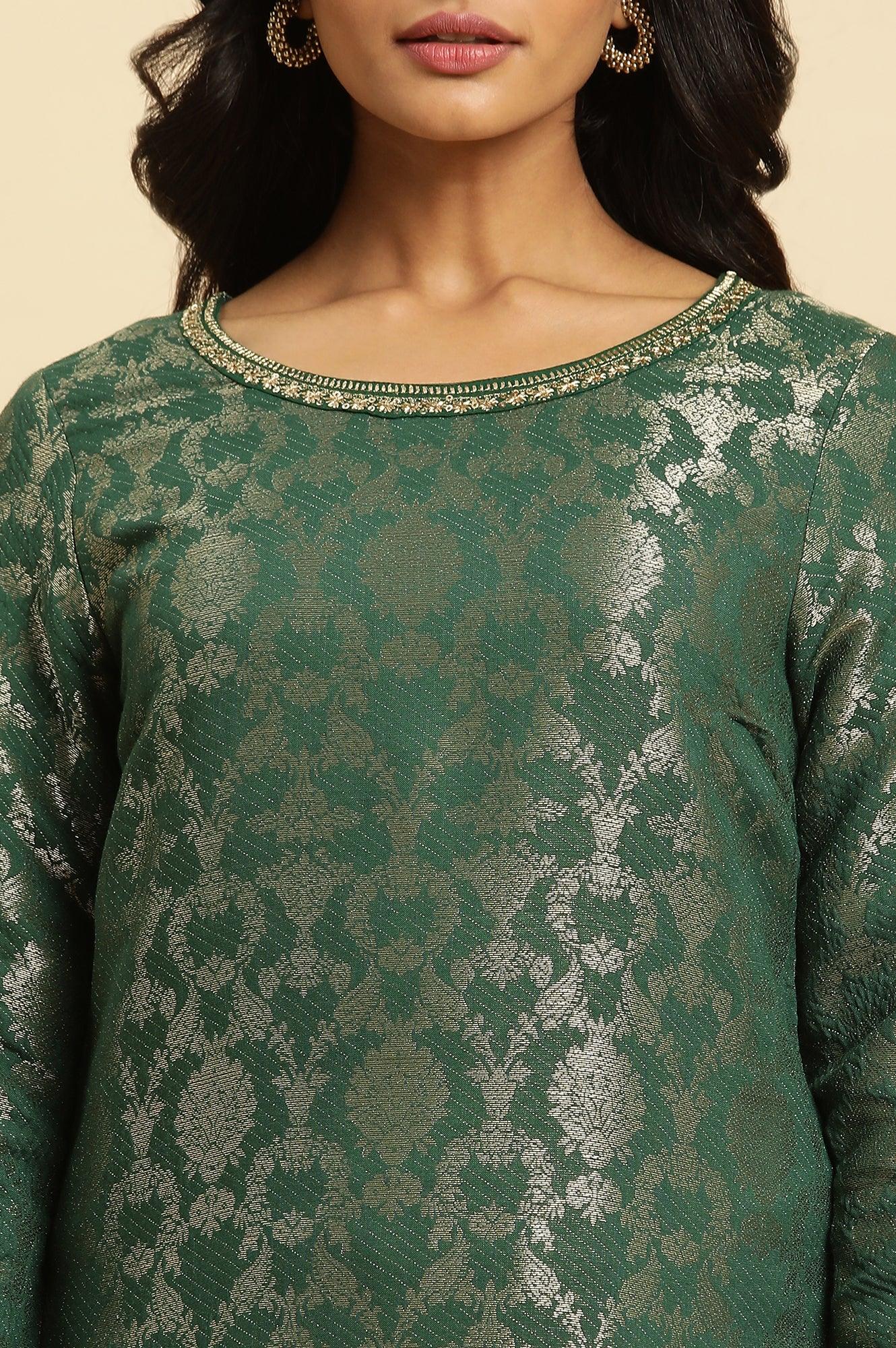 Green Rayon Jacquard Kurta And Pant Festive Set - wforwoman
