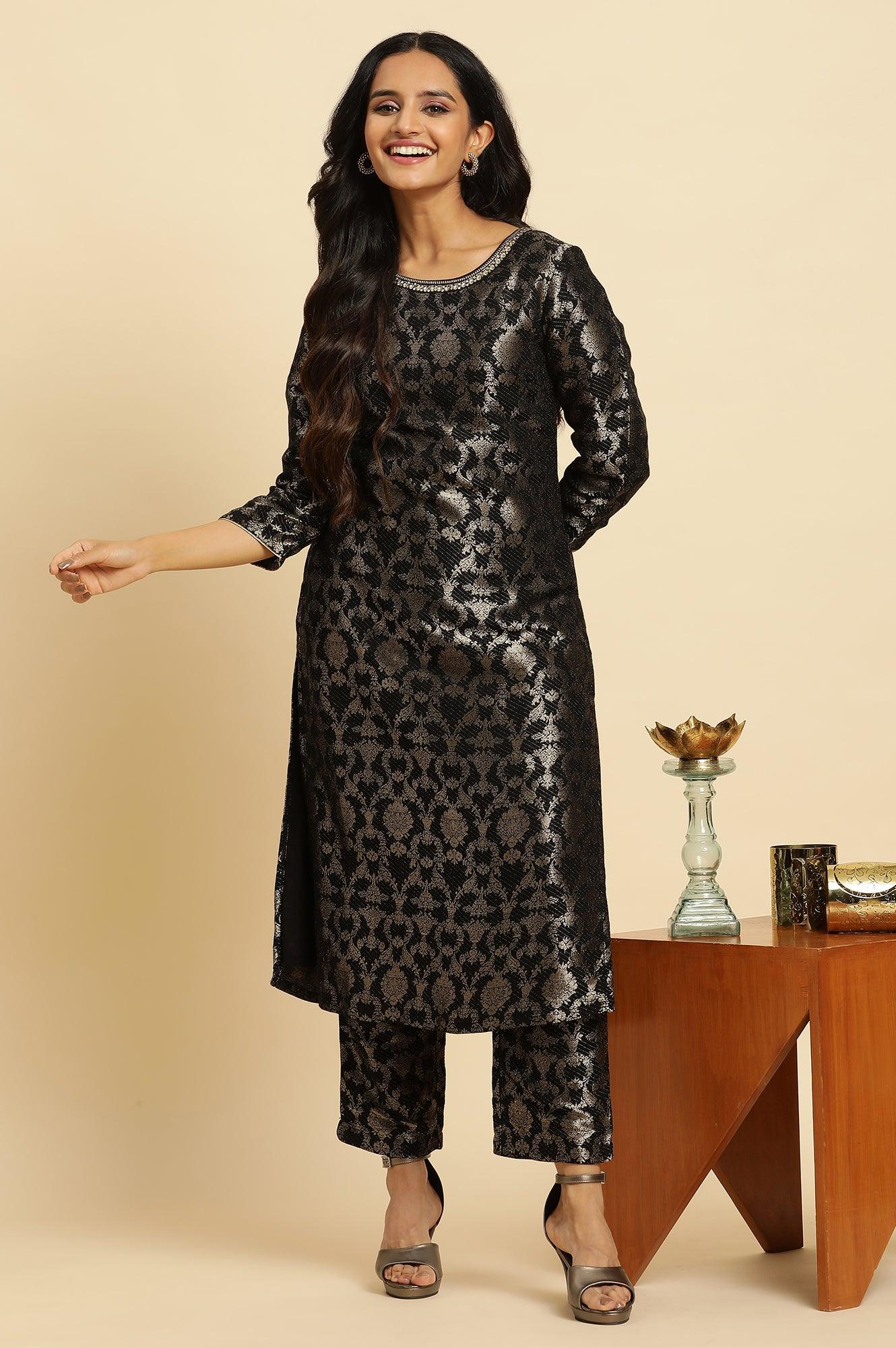 Black Rayon Jacquard Kurta And Pant Festive Set - wforwoman