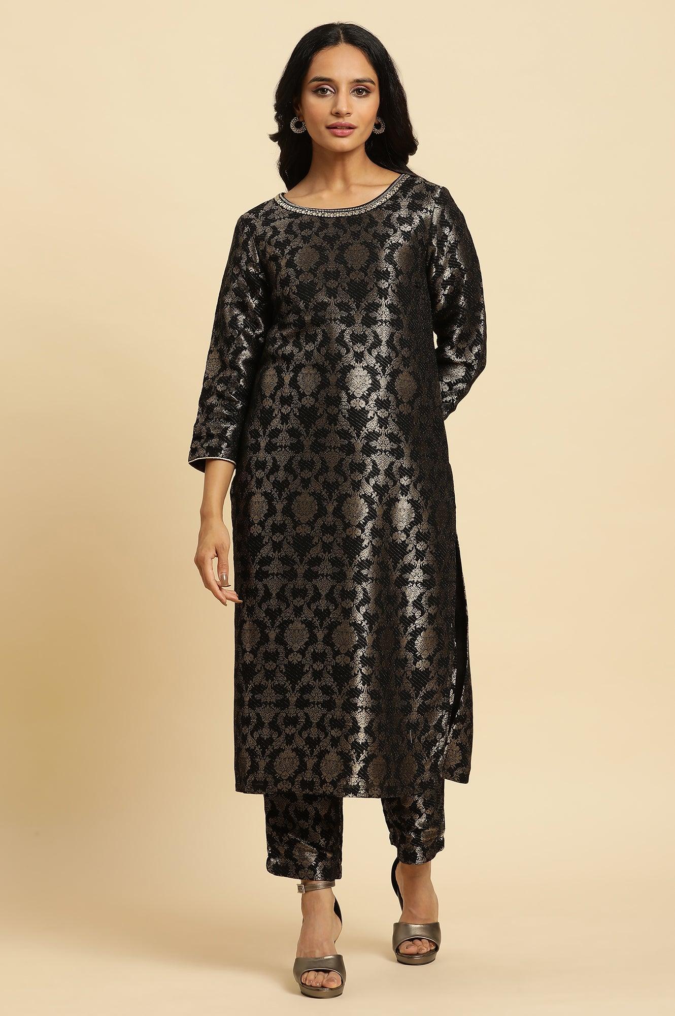 Black Rayon Jacquard Kurta And Pant Festive Set - wforwoman