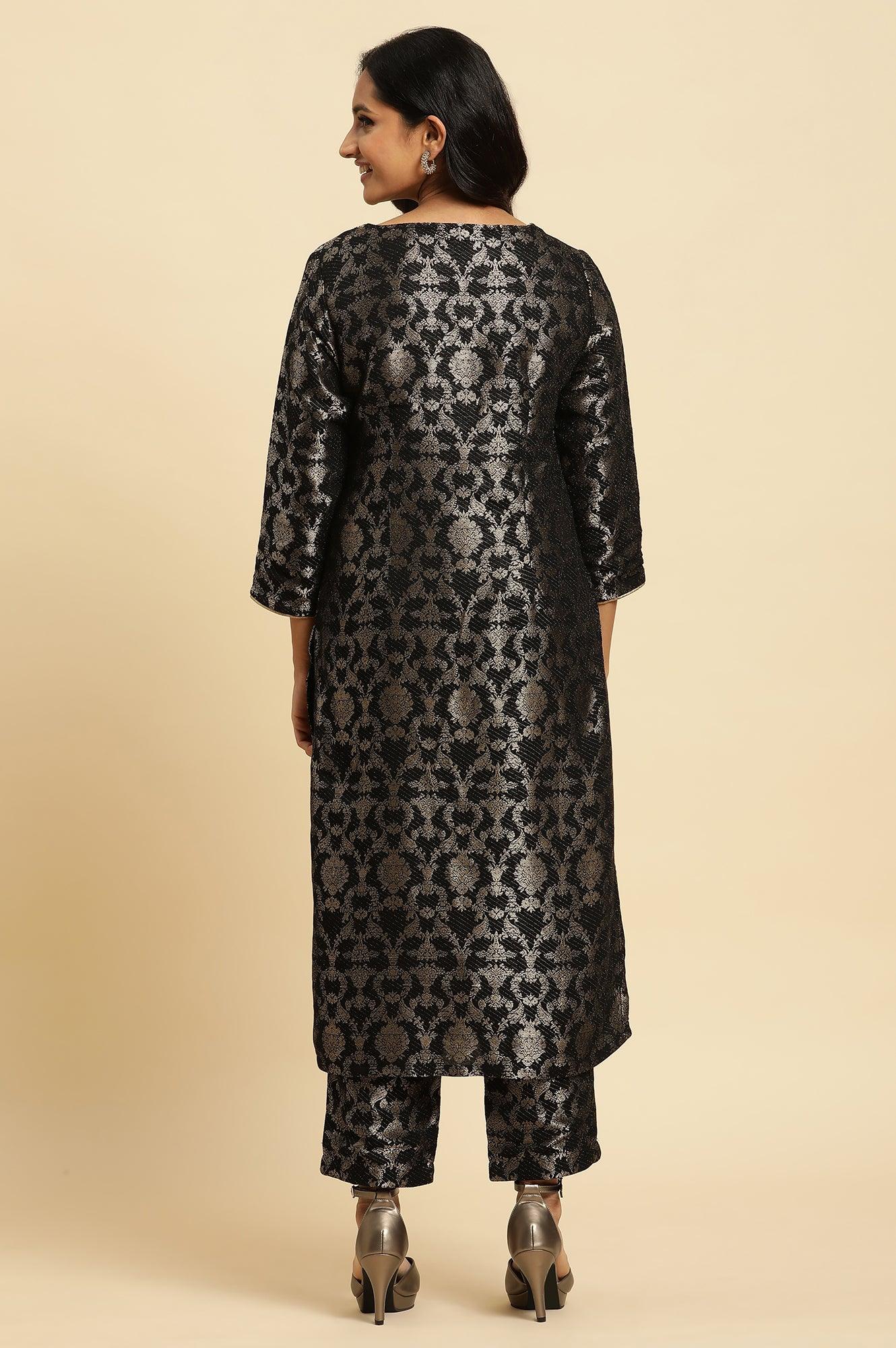 Black Rayon Jacquard Kurta And Pant Festive Set - wforwoman