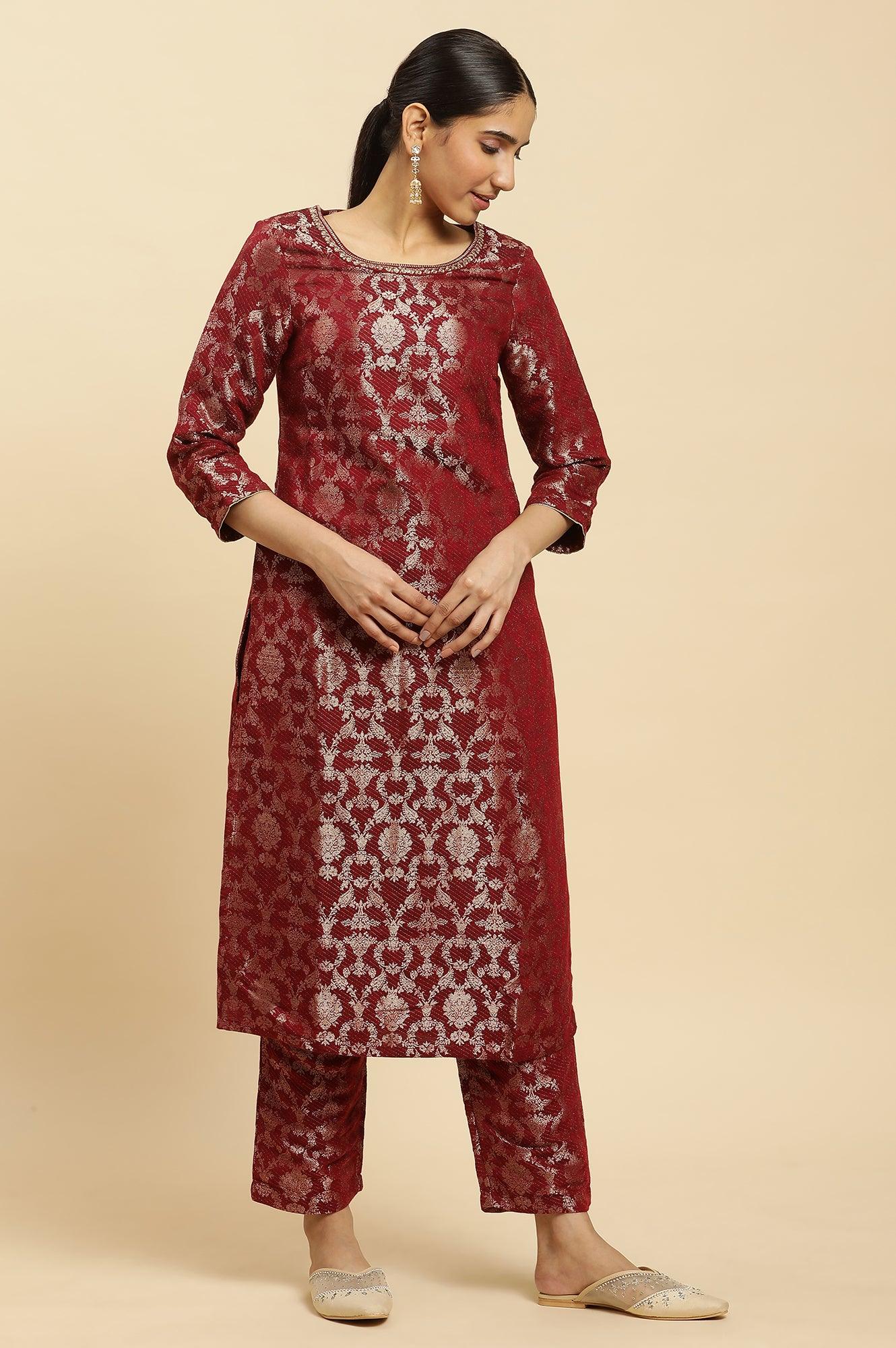 Maroon Rayon Jacquard Kurta And Pants Festive Set - wforwoman