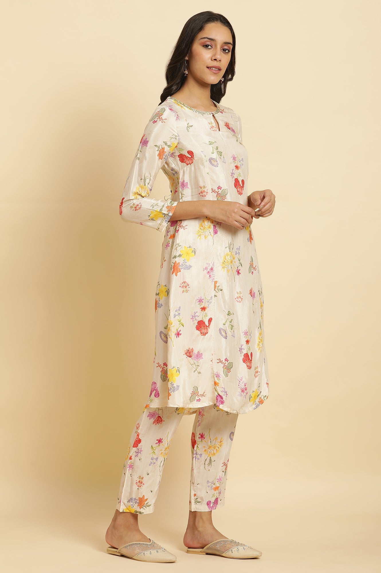 Cream Floral Printed Flared Kurta, Tights & Dupatta Set