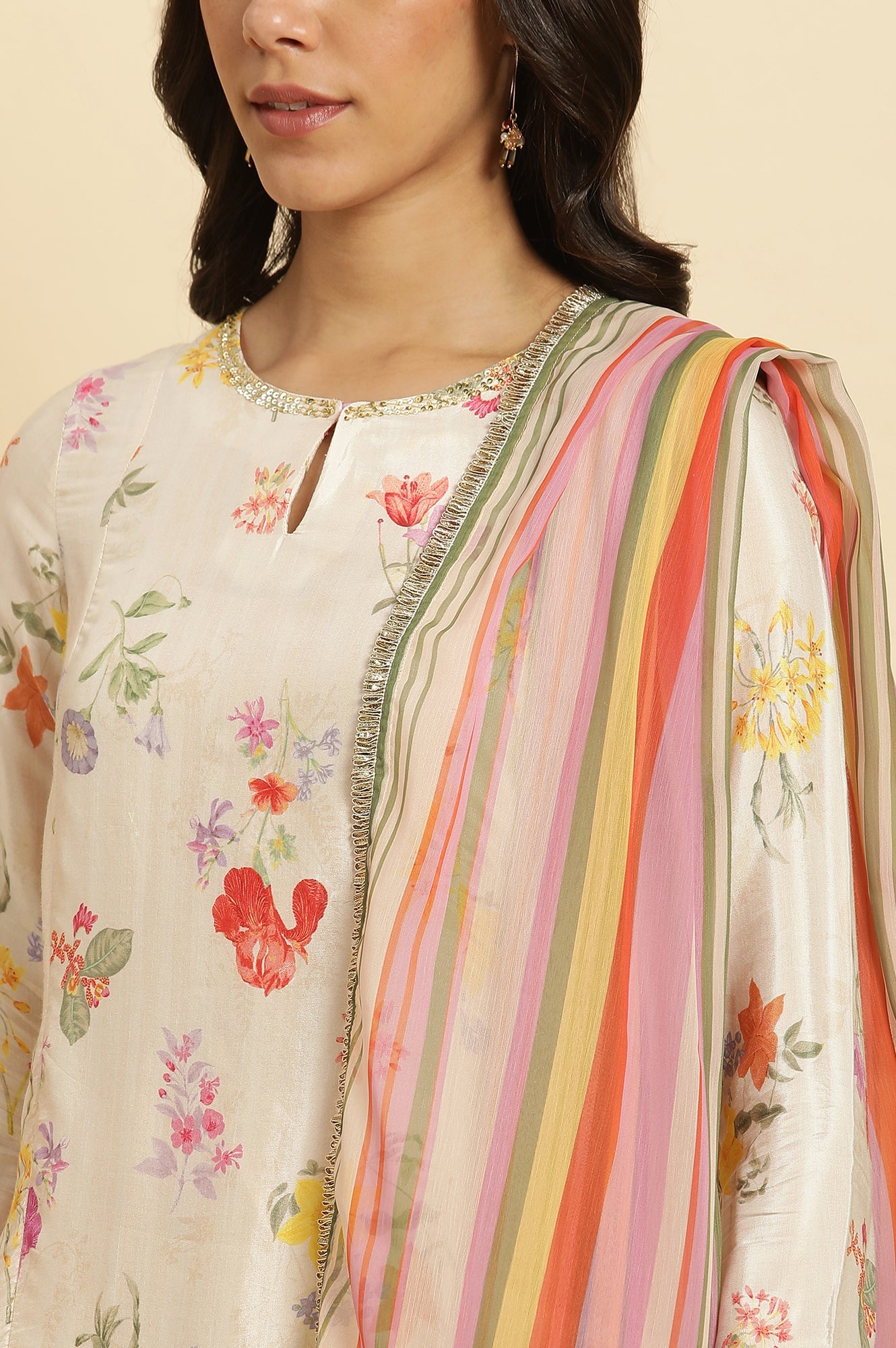 Cream Floral Printed Flared Kurta, Tights & Dupatta Set