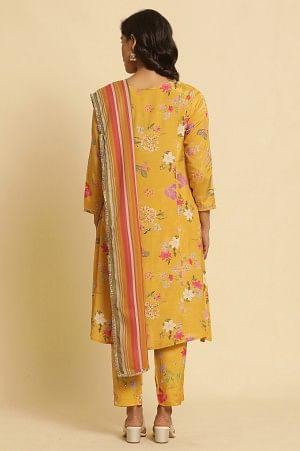 Yellow Printed Embroidered Kurta, Pants And Dupatta Set - wforwoman