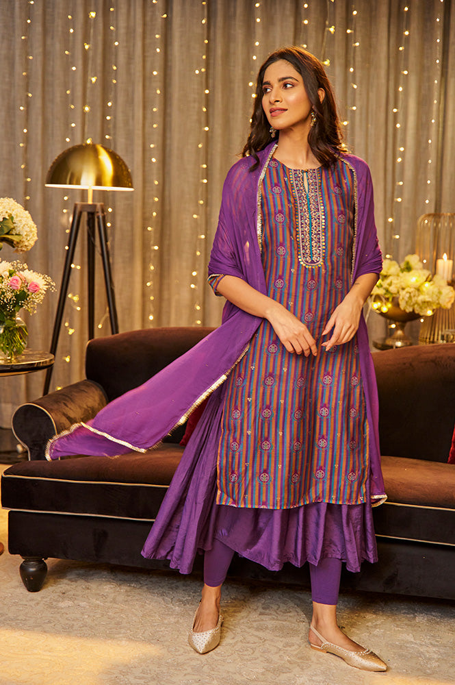 Purple Layered Suzani Printed Kurta, Tights and Dupatta Set