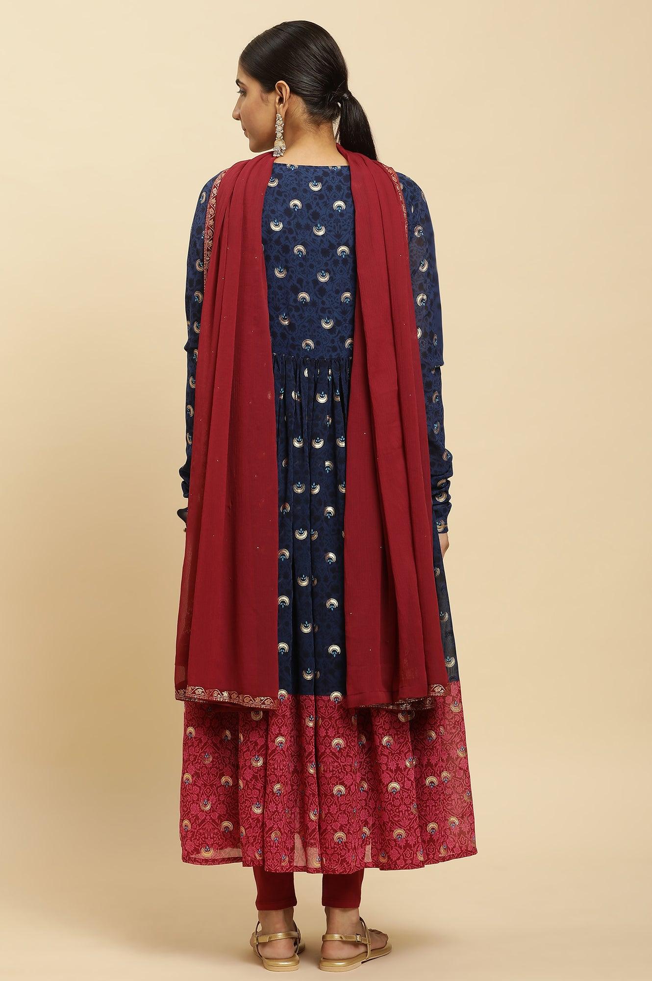 Blue Gathered Embroidered Kurta, Tights And Dupatta Festive Set - wforwoman