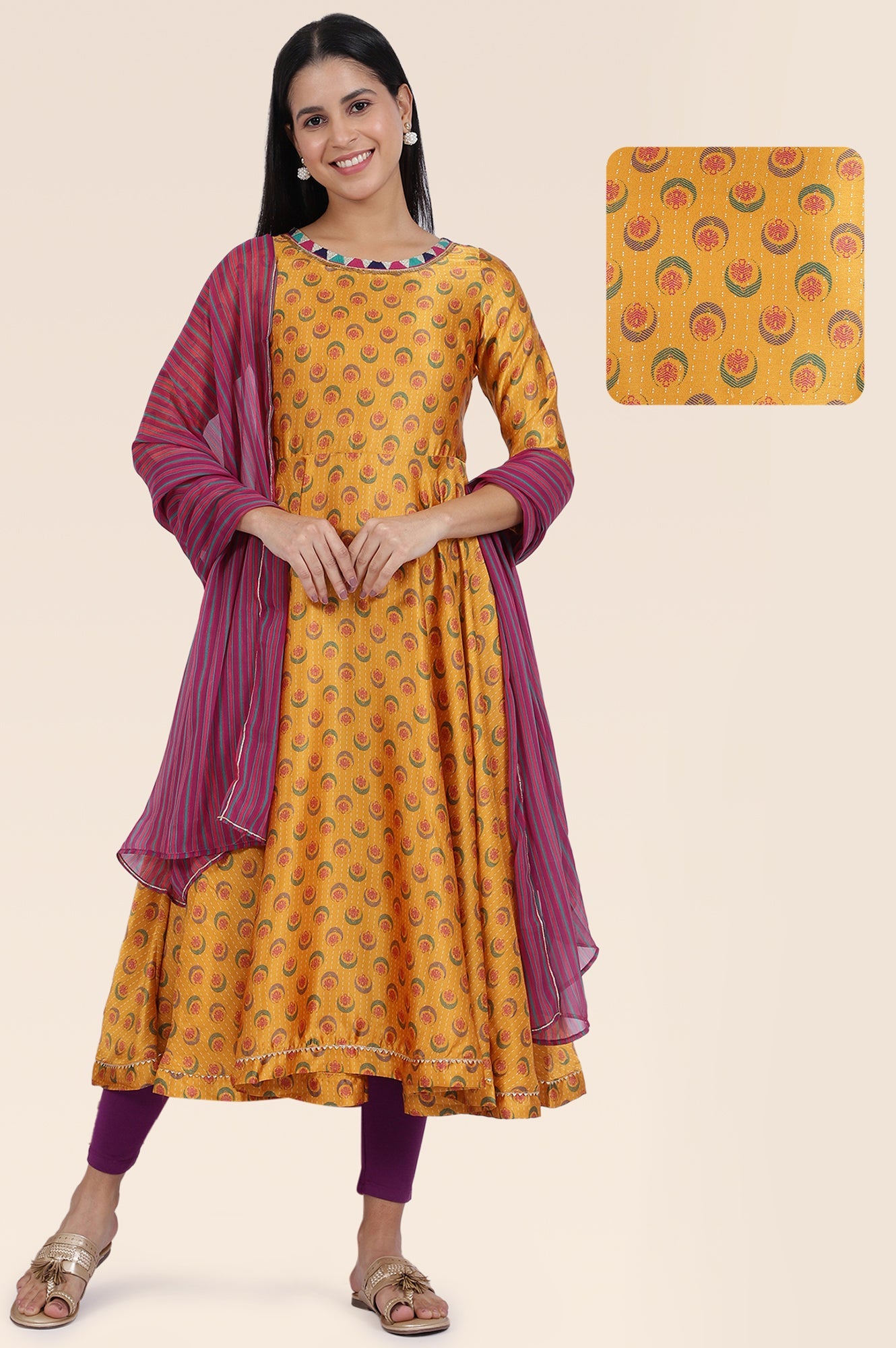 Yellow Floral Printed Satin Festive Anarkali Kurta and Leggings Set with Dupatta