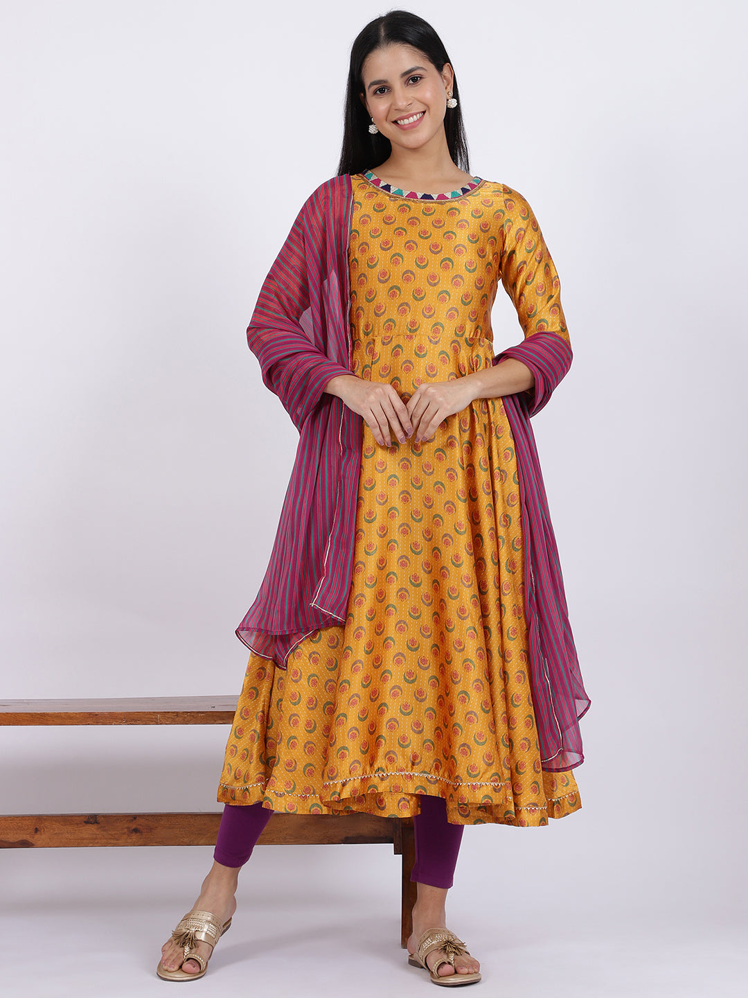 Yellow Floral Printed Satin Festive Anarkali Kurta and Leggings Set with Dupatta