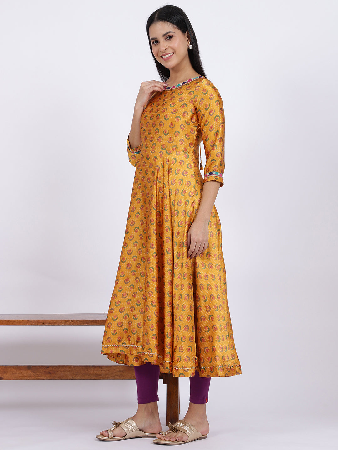 Yellow Floral Printed Satin Festive Anarkali Kurta and Leggings Set with Dupatta