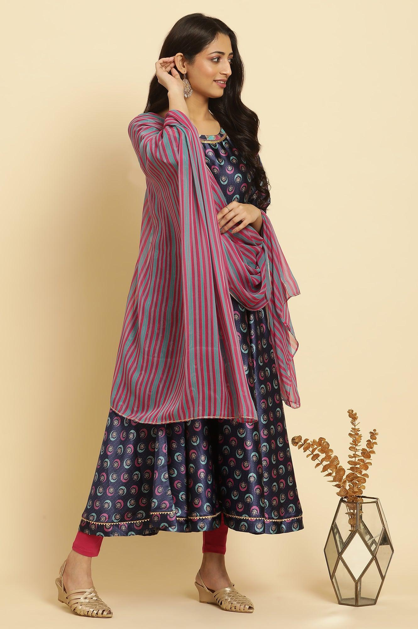 Navy Yellow Flared Kurta, Tights And Dupatta Set - wforwoman