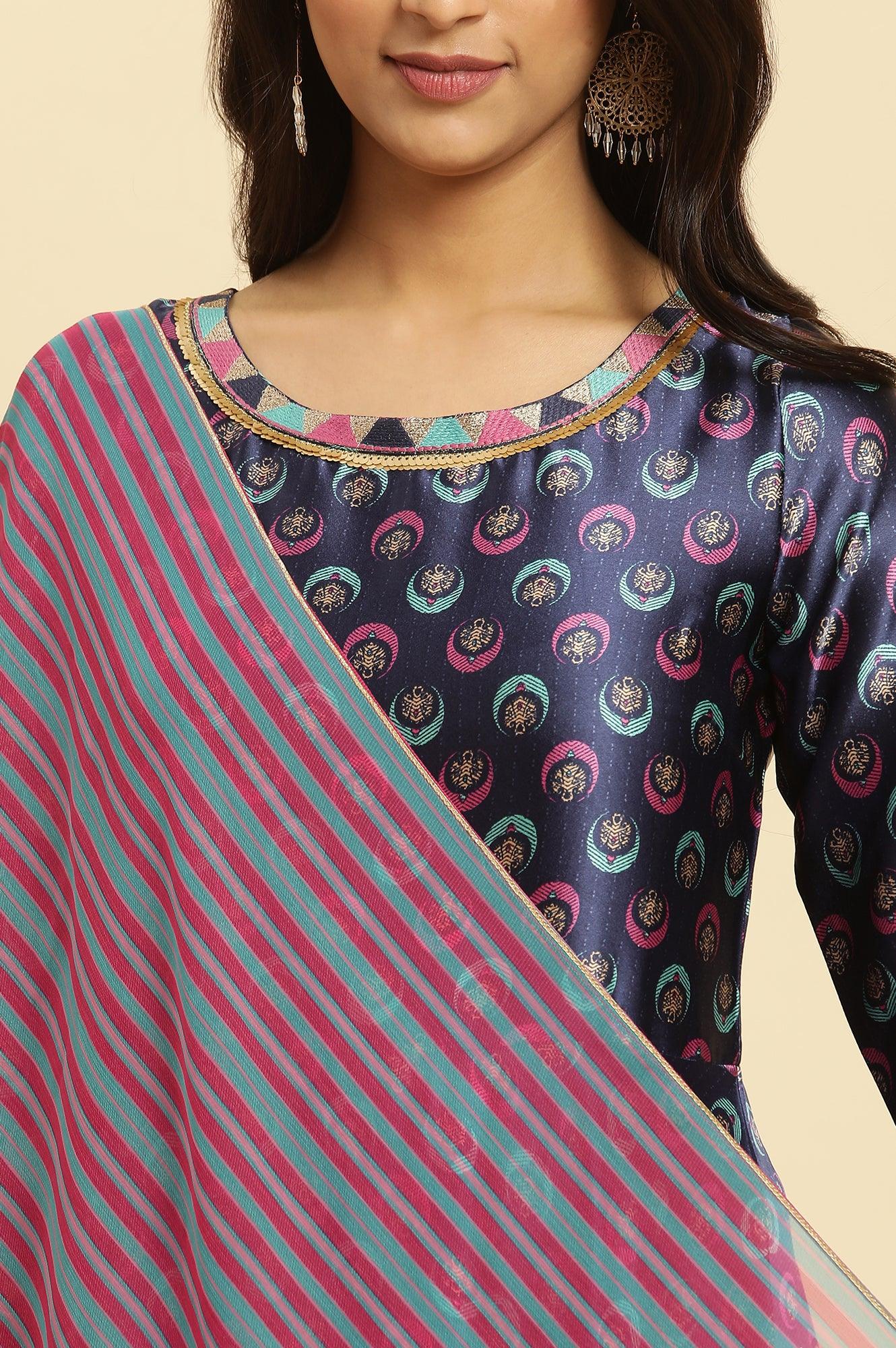 Navy Yellow Flared Kurta, Tights And Dupatta Set - wforwoman