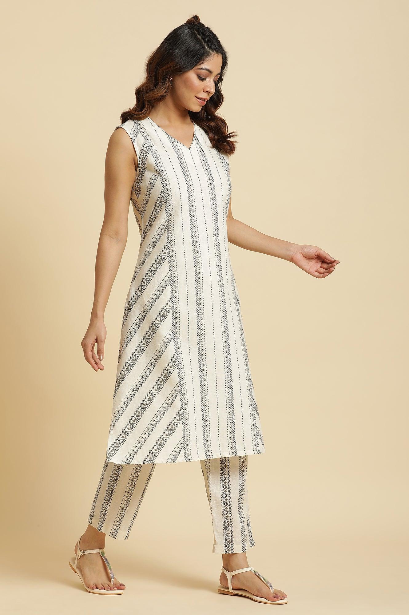 Ecru Printed Kurta & Pants Co-Ord Set With Kantha Detail - wforwoman