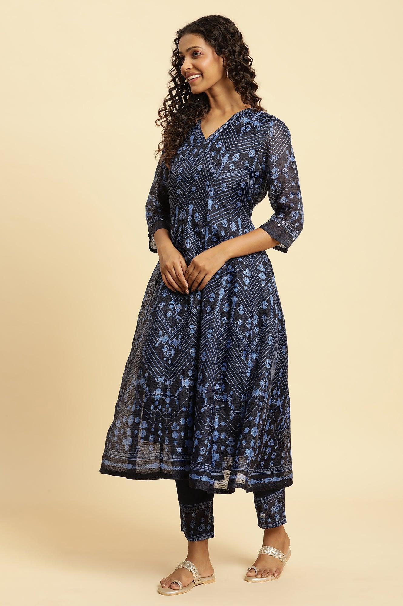 Navy Blue Printed Kota Kurta, Pants And Dupatta Set - wforwoman