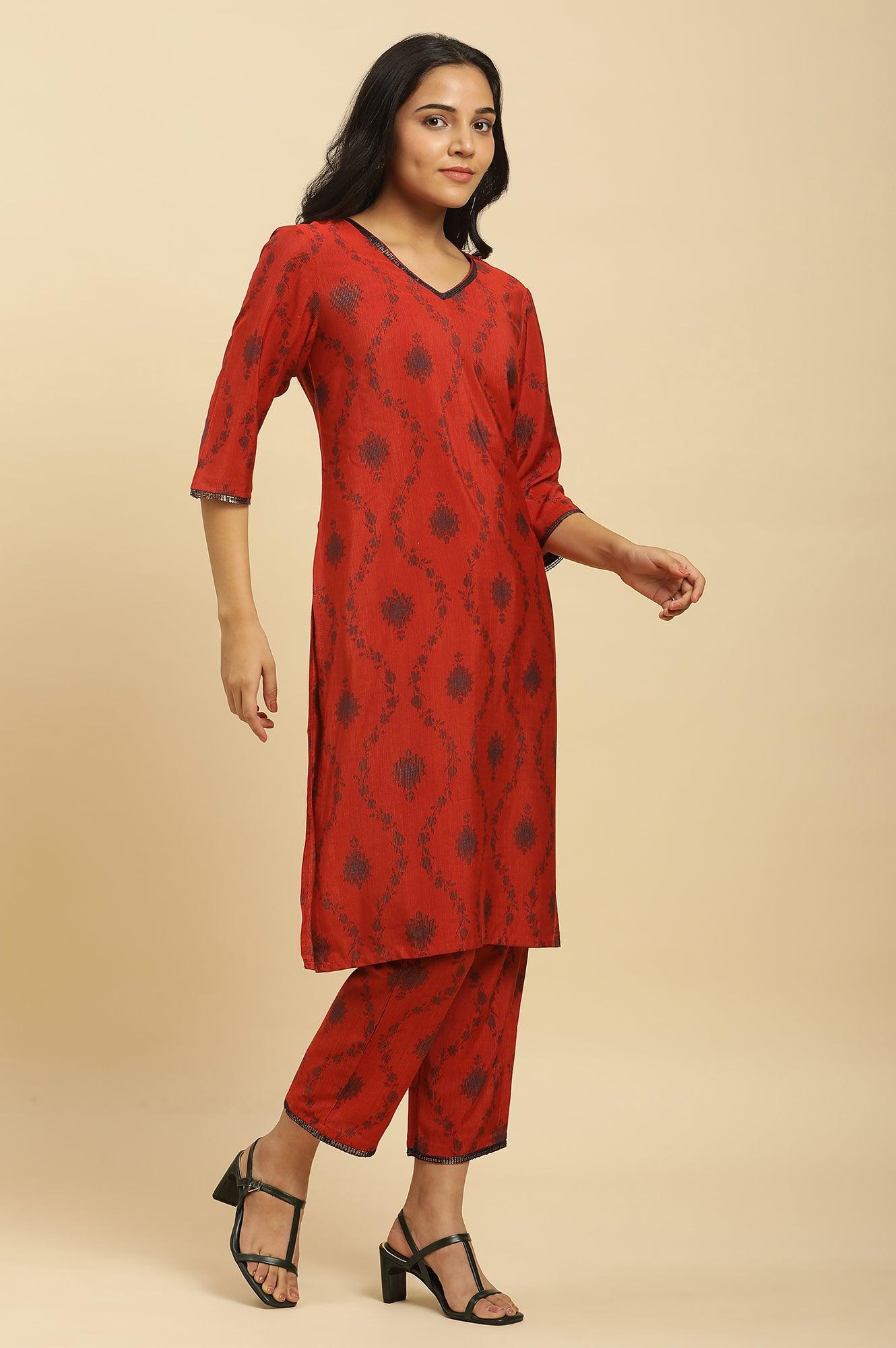Red Sequined Printed Kurta, Pants And Dupatta Set - wforwoman
