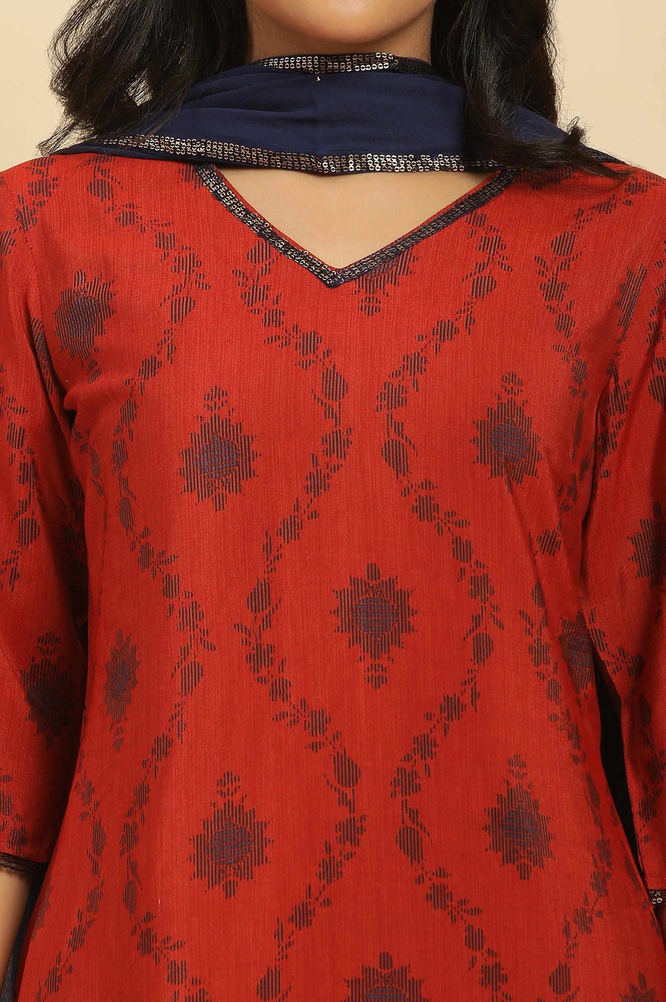 Red Sequined Printed Kurta, Pants And Dupatta Set - wforwoman