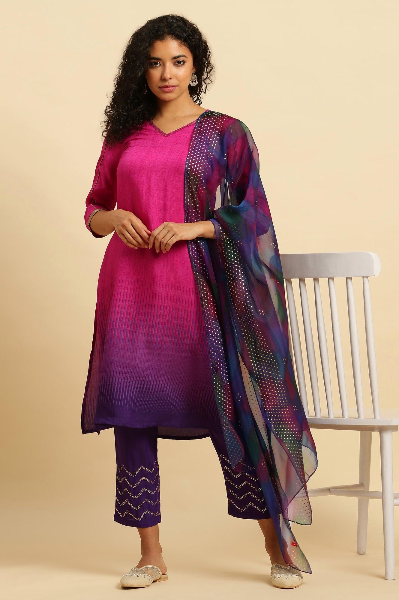 Magenta Pink Ombre A-Line Kurta, Pants And Dupatta Set - wforwoman