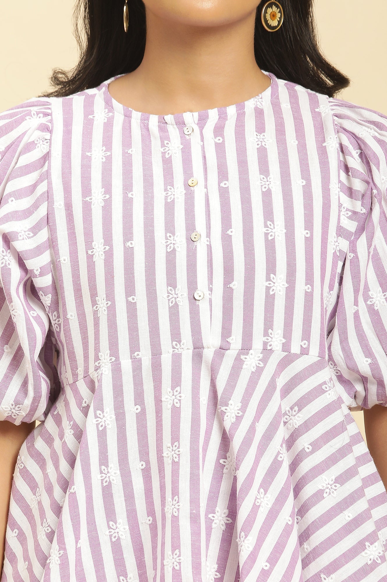 Purple And White Stripe Schiffli Peplum Top And Pants Set